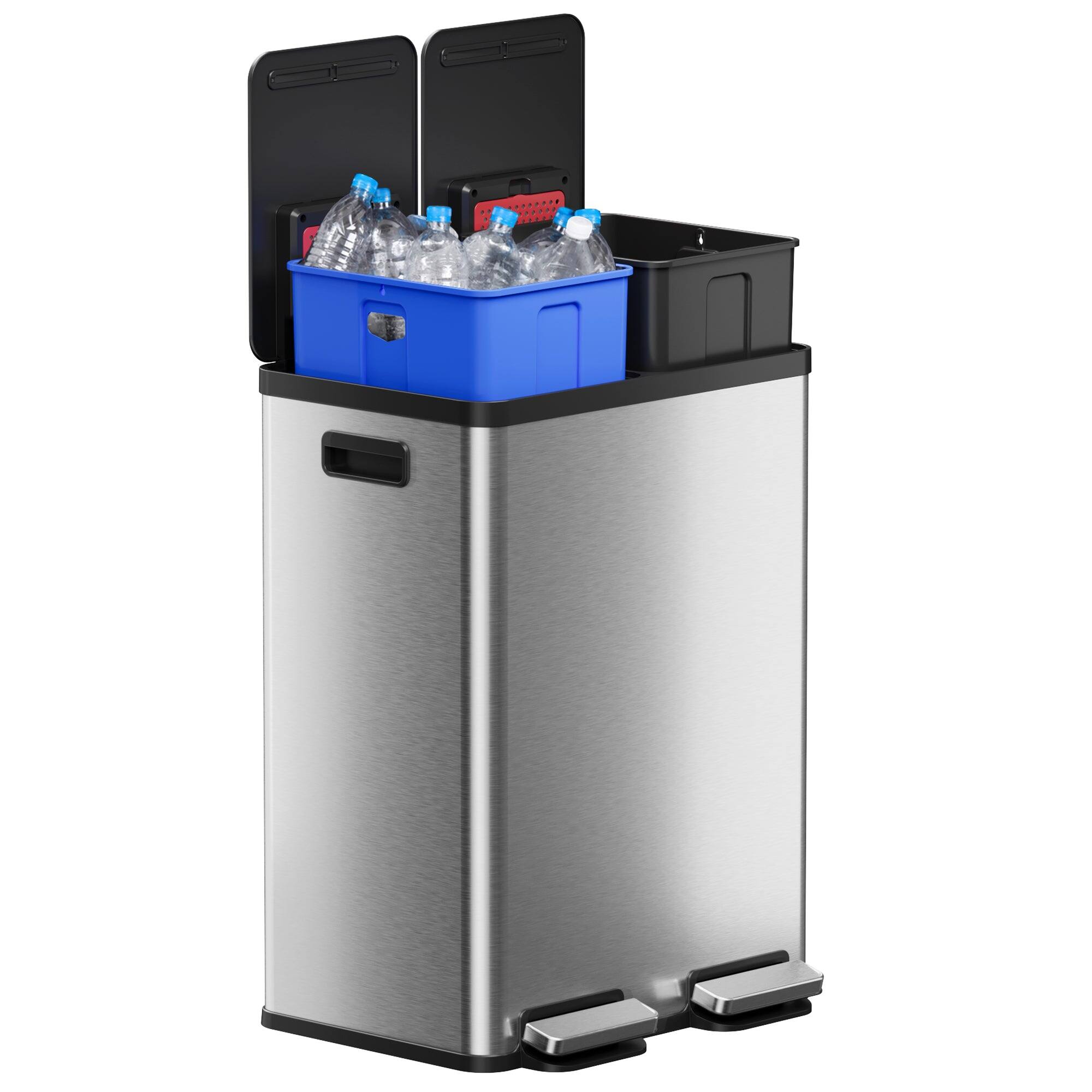 Angle. iTouchless - 16 Gallon SoftStep Dual Compartment Stainless Steel Step Kitchen Trash & Recycle Bin with Dual AbsorbX Odor Filters - Silver.