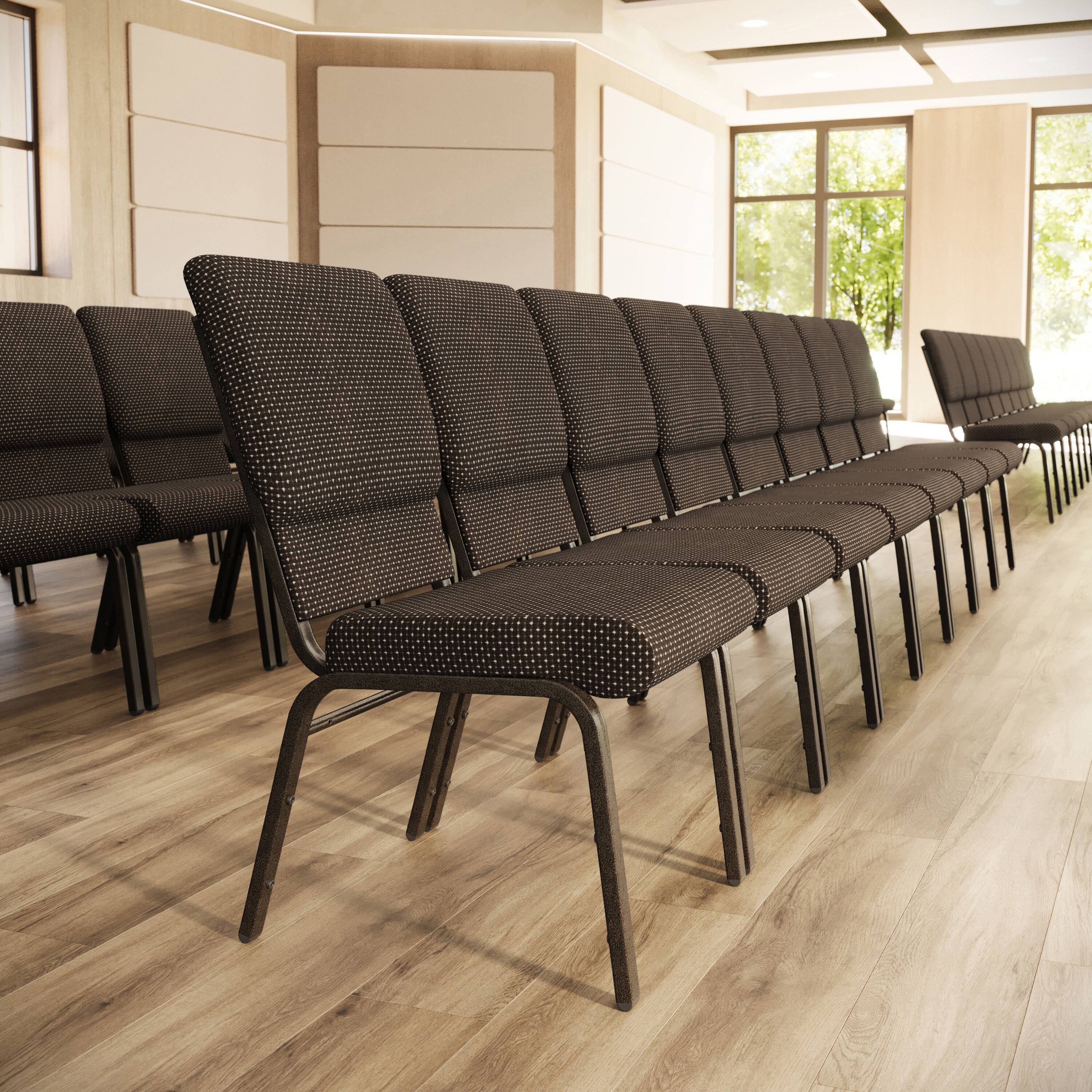 Angle. Flash Furniture - HERCULES Series 18.5''W Stacking Church Chair in Brown Dot Fabric - Gold Vein Frame - Brown.