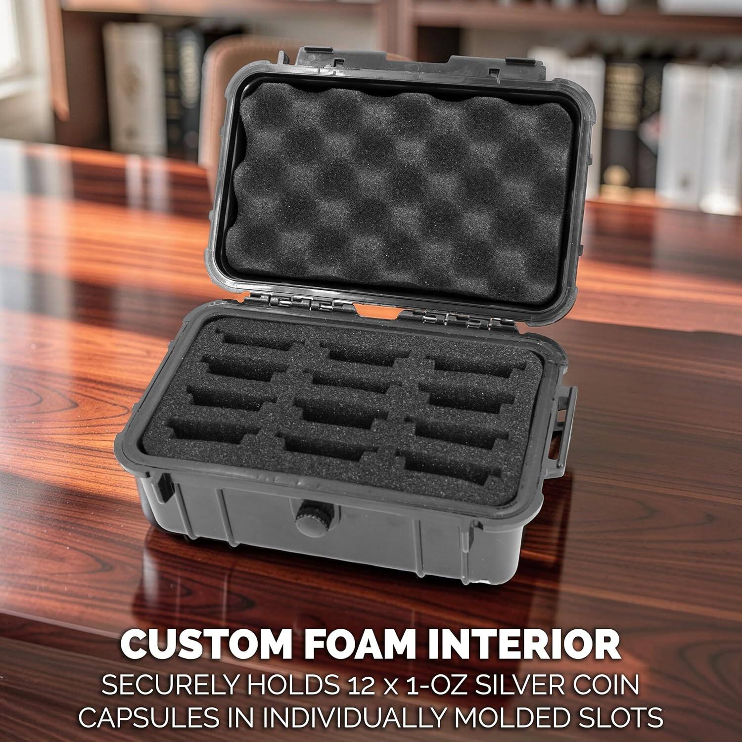 CUSTOM FOAM INTERIOR  
SECURELY HOLDS 12 X 1-OZ SILVER COIN CAPSULES IN INDIVIDUALLY MOLDED SLOTS