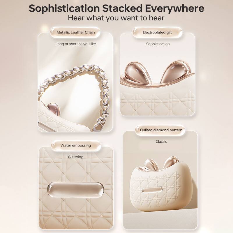 Sophistication Stacked Everywhere  
Hear what you want to hear

- Metallic Leather Chain  
  Long or short as you like

- Electroplated gilt  
  Sophistication

- Water embossing  
  Glittering

- Quilted diamond pattern  
  Classic