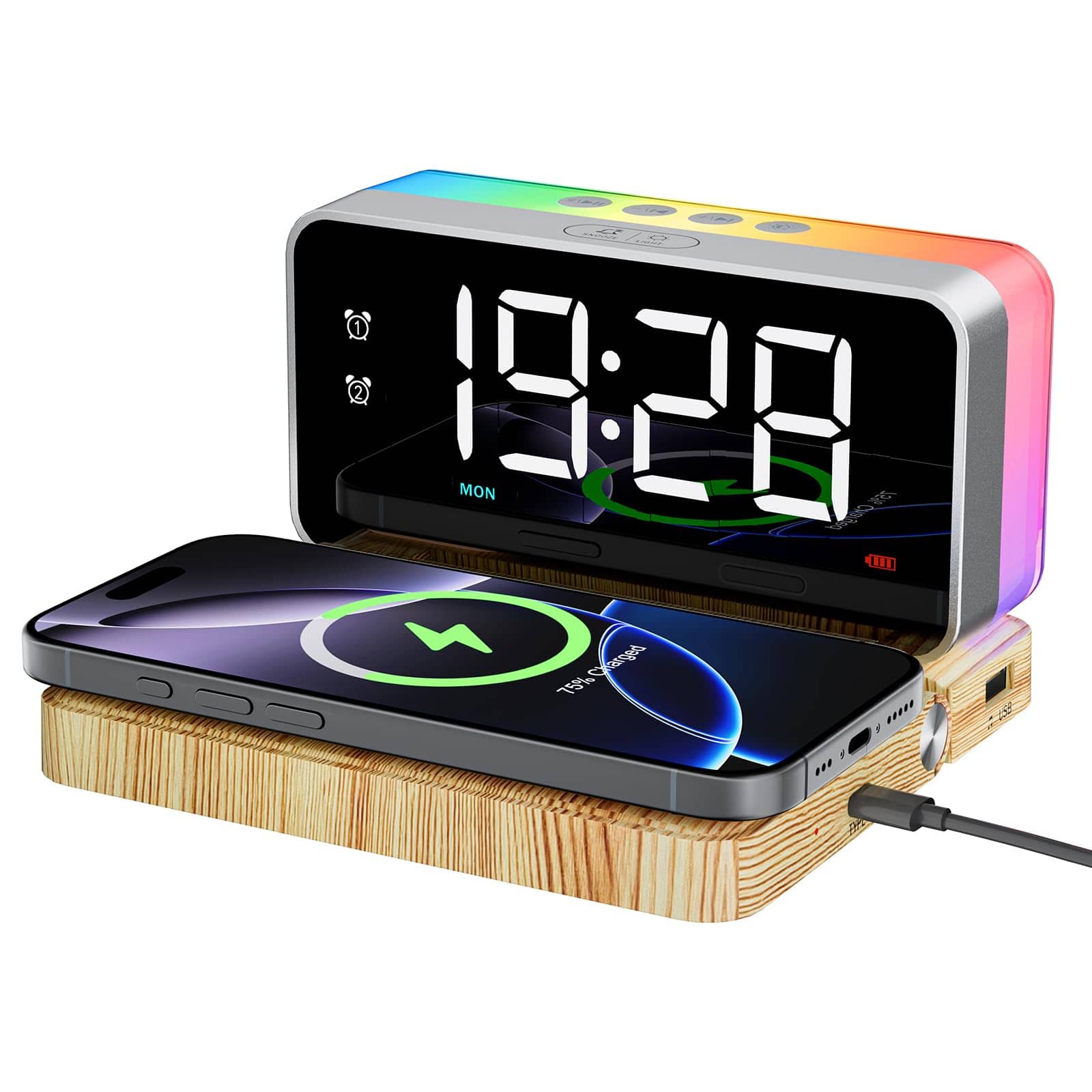 Dazzed Corner - Alarm Clocks with Wireless Charging, Bluetooth Speaker, Sound Machine - Wood