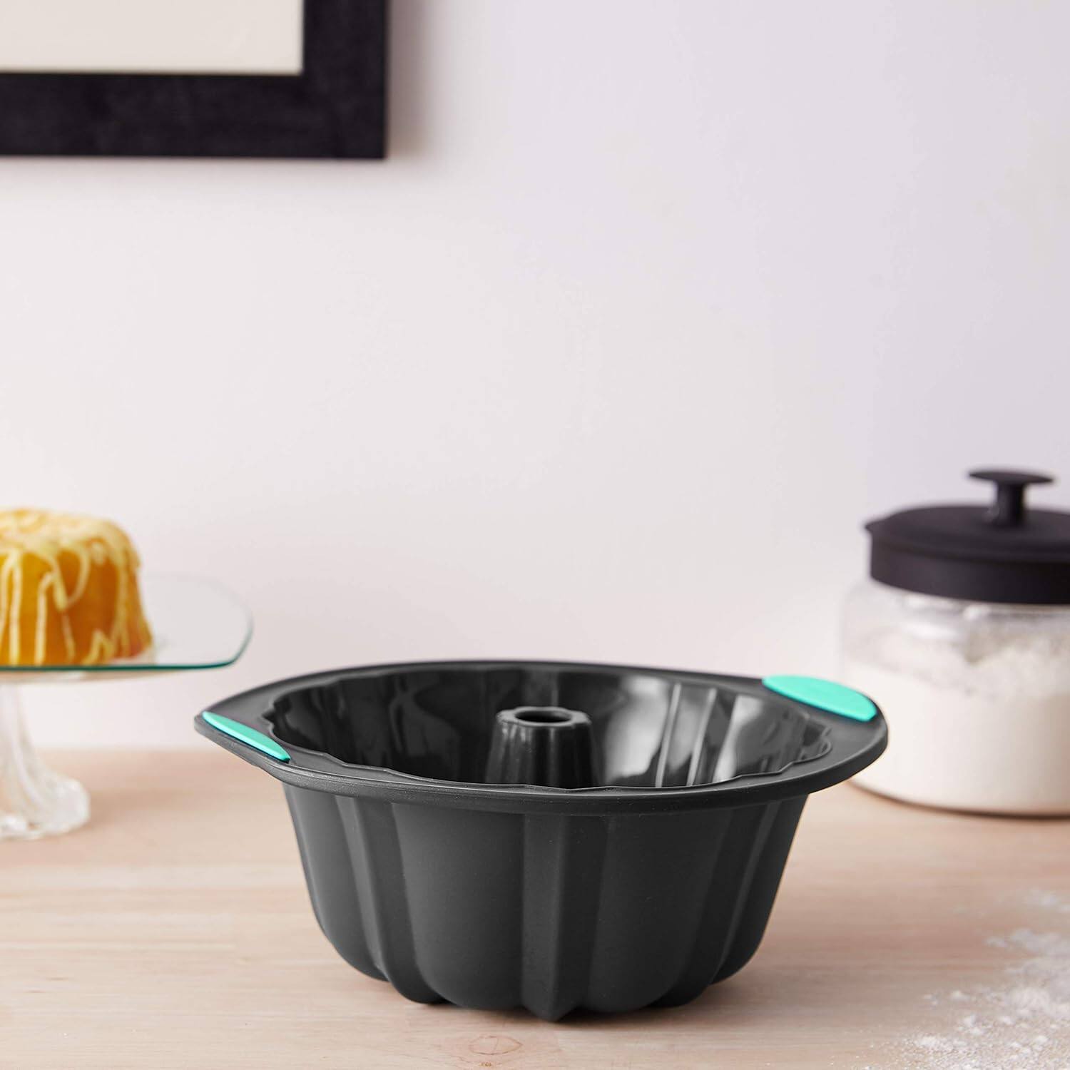 Alt View 2. Trudeau - Structure Silicone 10 Cup Fluted Cake Pan, Grey/Mint - Black.