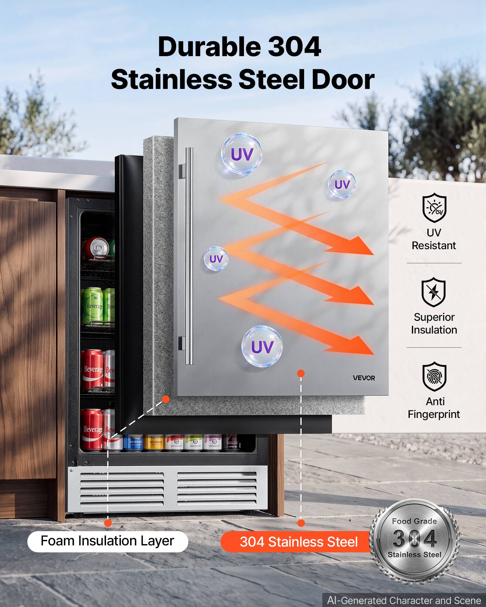 Durable 304 Stainless Steel Door

UV Resistant

Superior Insulation

Anti Fingerprint

Foam Insulation Layer

304 Stainless Steel

Food Grade 304 Stainless Steel

AI-Generated Character and Scene