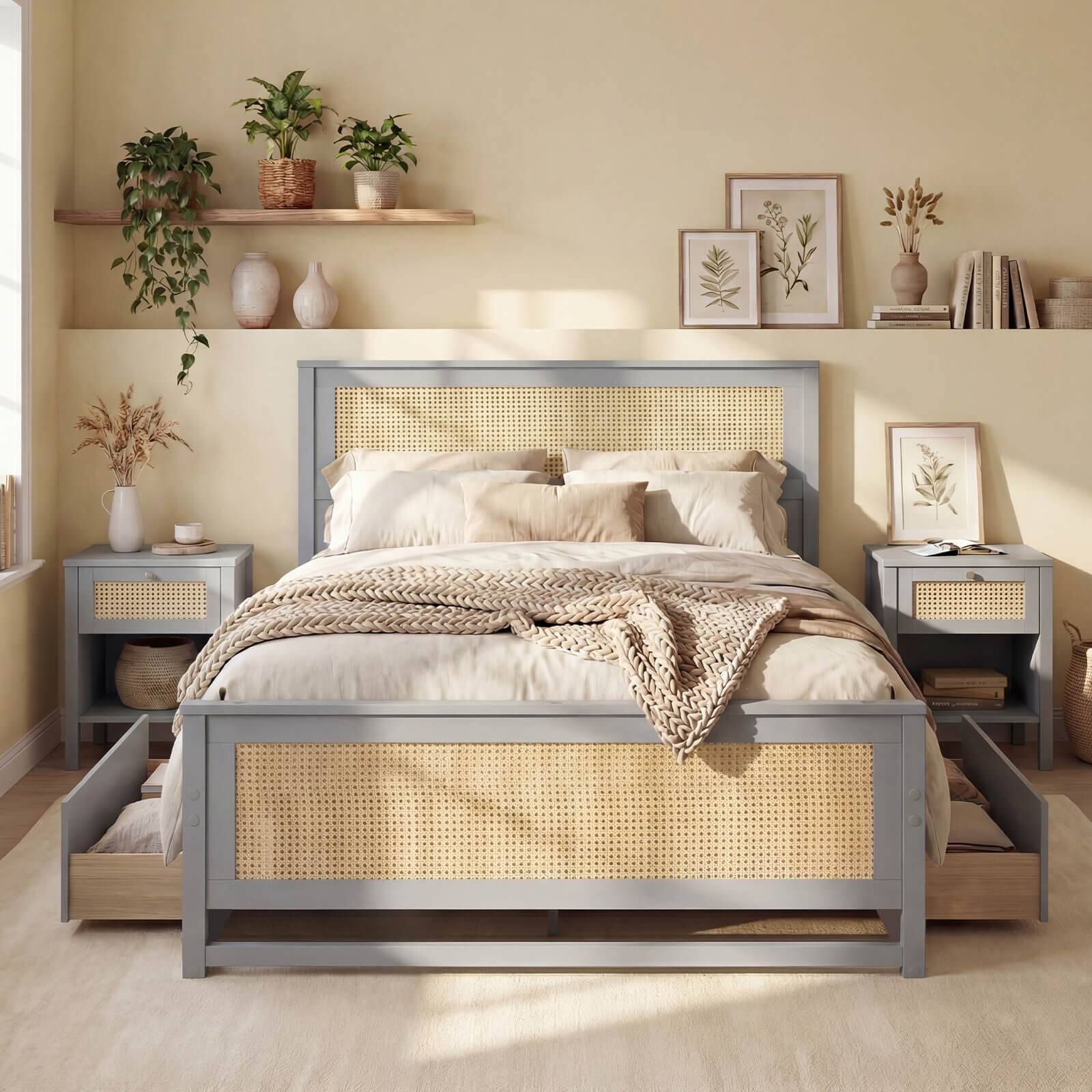 Alt View 3. Costway - Costway Full Size Rattan Bed Frame with Storage Drawers, Rattan Woven Headboard & Footboard - Gray.