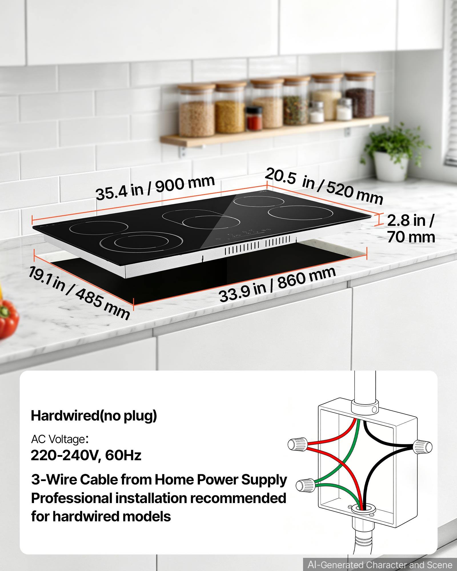 35.4 in / 900 mm  
20.5 in / 520 mm  
19.1 in / 485 mm  
33.9 in / 860 mm  

Hardwired (no plug)  
AC Voltage: 220-240V, 60Hz  
3-Wire Cable from Home Power Supply  
Professional installation recommended for hardwired models  

AI-Generated Character and Scene