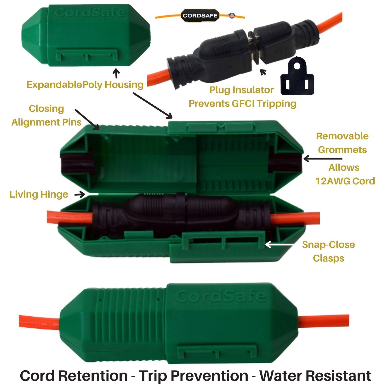 CordSafe

- Expandable Poly Housing
- Closing Alignment Pins
- Living Hinge
- Plug Insulator Prevents GFCI Tripping
- Removable Grommets
- Allows 12AWG Cord
- Snap-Close Clasps

Cord Retention - Trip Prevention - Water Resistant