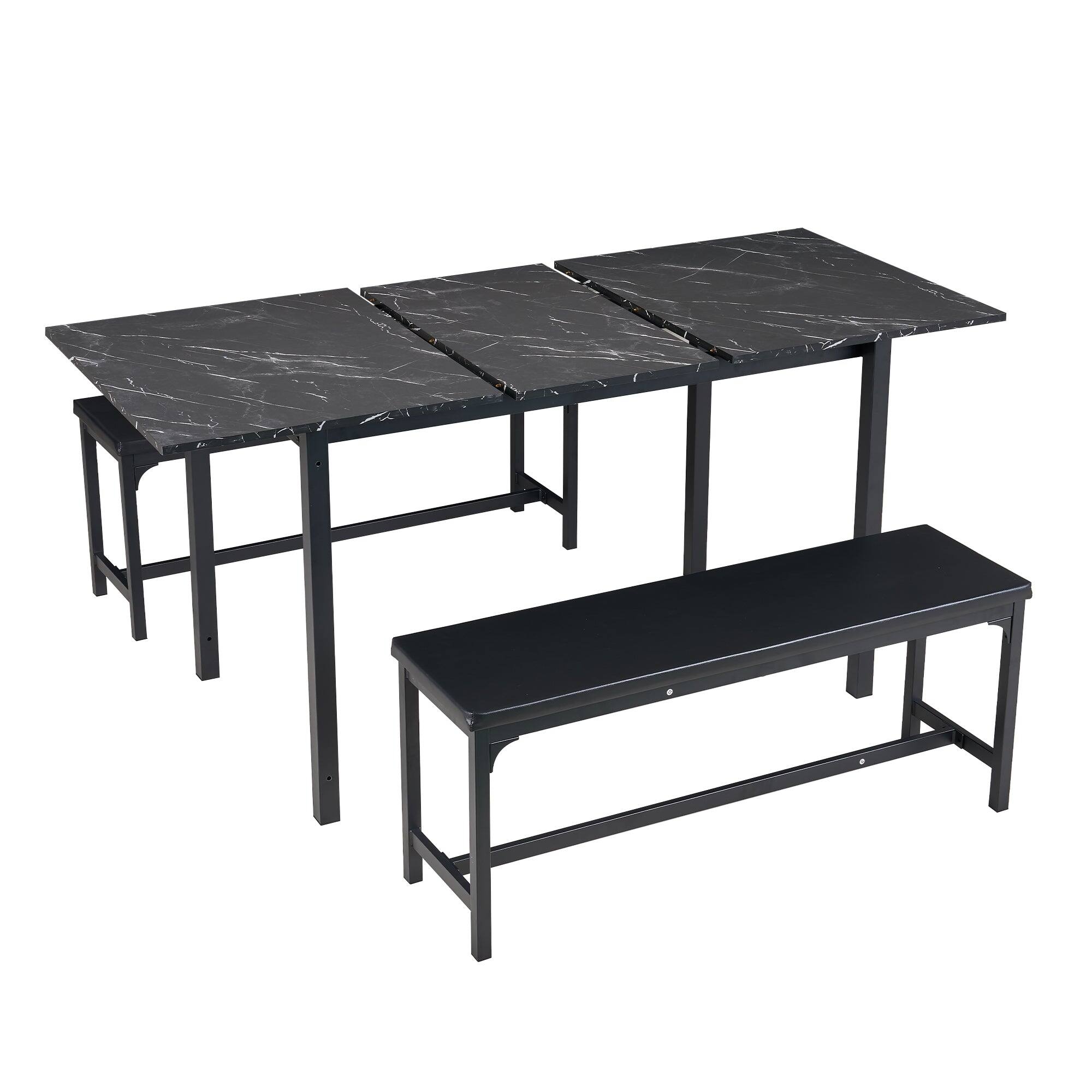 Vecelo - Extendable Dining Set for 2-8: Space Saving Benches, Expandable Farmhouse Table, Waterproof MDF, Metal Frame - Black