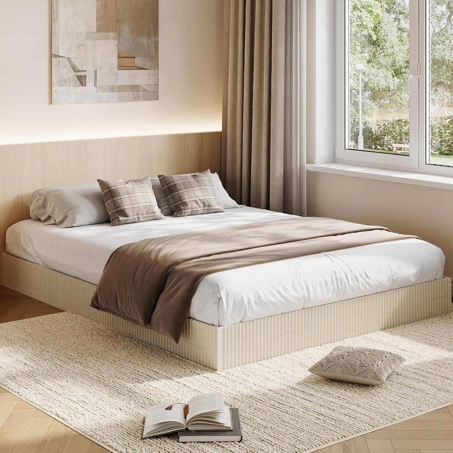 Front. Babevy - Wood Bed Frame, Wooden Platform Bed with Fluted Design, Bed Frame with Study Support, No Box Spring Needed - White.