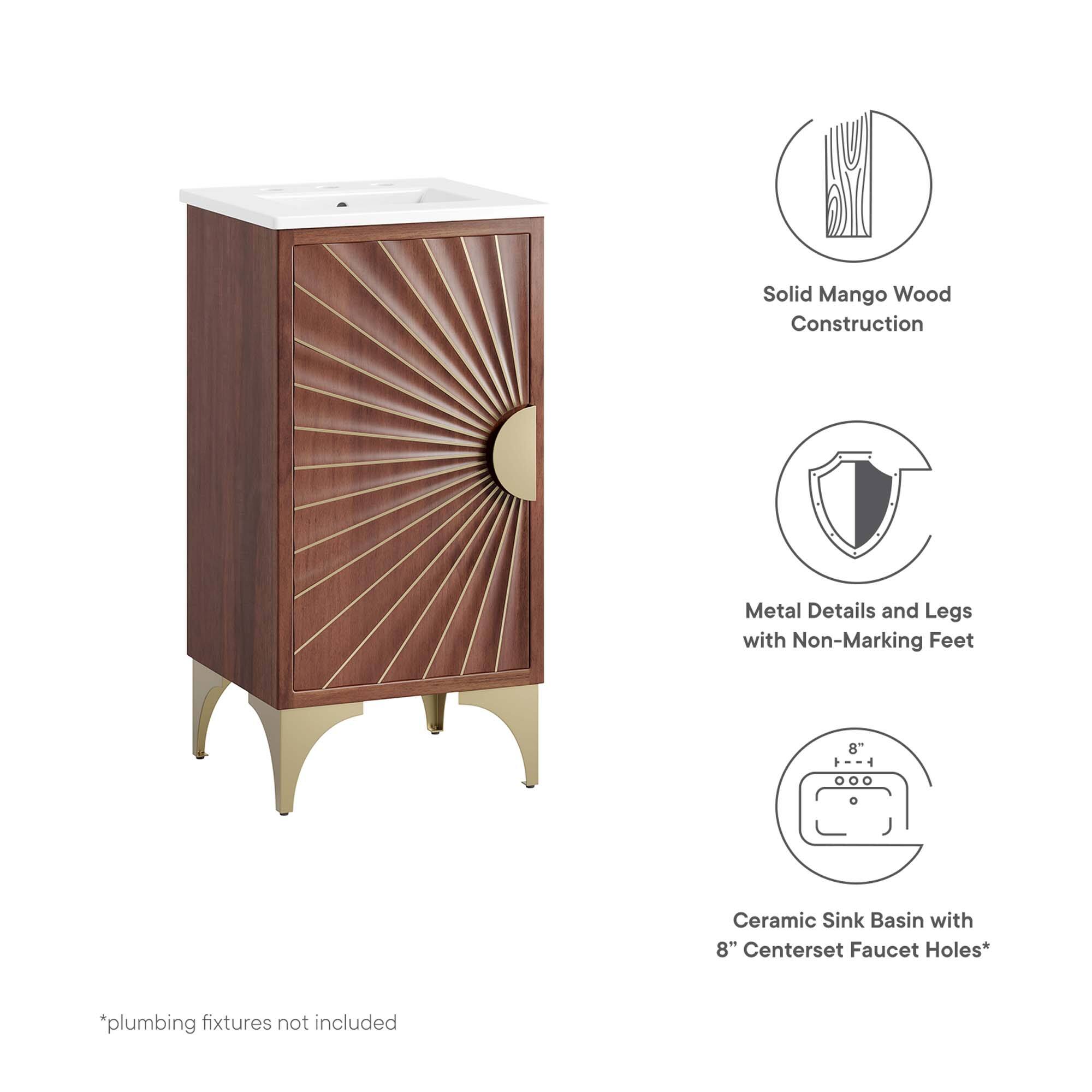 Solid Mango Wood Construction  
Metal Details and Legs with Non-Marking Feet  
8 Ceramic Sink Basin with 8" Centerset Faucet Holes*  
*plumbing fixtures not included