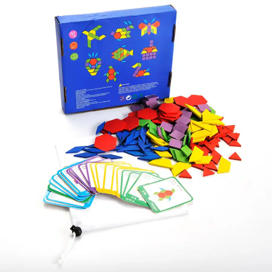 JuzToys Wooden Pattern Blocks Set, 155 Pcs Wood Geometric Shapes and 24 ...