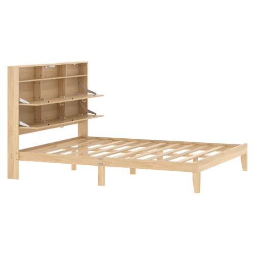 Alt View 2. Winado - Bed Frame with Storage Headboard and Charging Station, Rattan Platform Bed Wood Bed with Shelves, No Box Spring Needed - Natural,Queen Size.