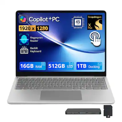 Copilot + PC
1920 x 1280
45 TOPS Snapdragon X Plus
Fingerprint Reader
Backlit Keyboard
16GB RAM
512GB SSD
1TB Docking