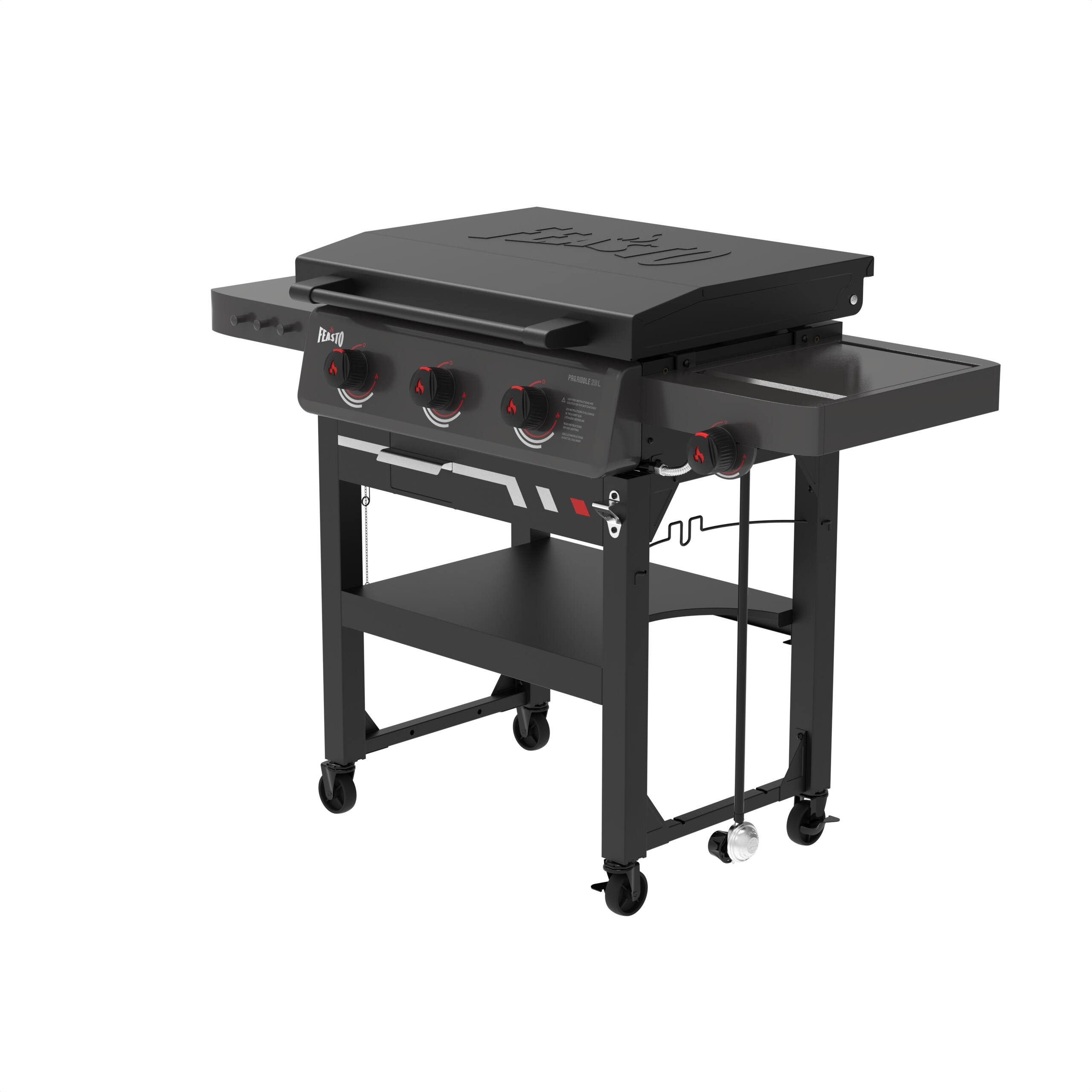Angle. FEASTO - 28-Inch 3-Burner Propane Gas Griddle with 13,000 BTU Side Burner and Hood - Black.