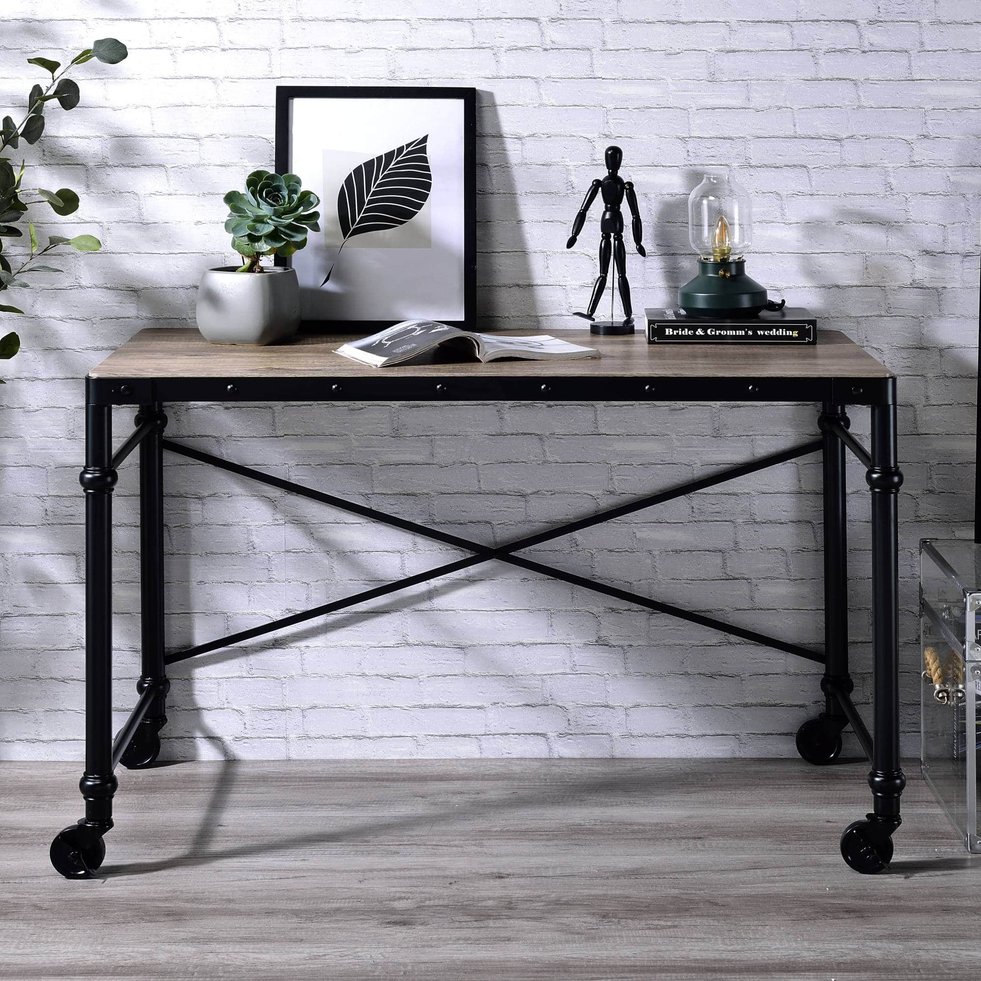 GOODSILO - Rustic Oak and Black Industrial Writing Desk with Metal Frame and Wheels for Home Office Workspace - Black+Oak