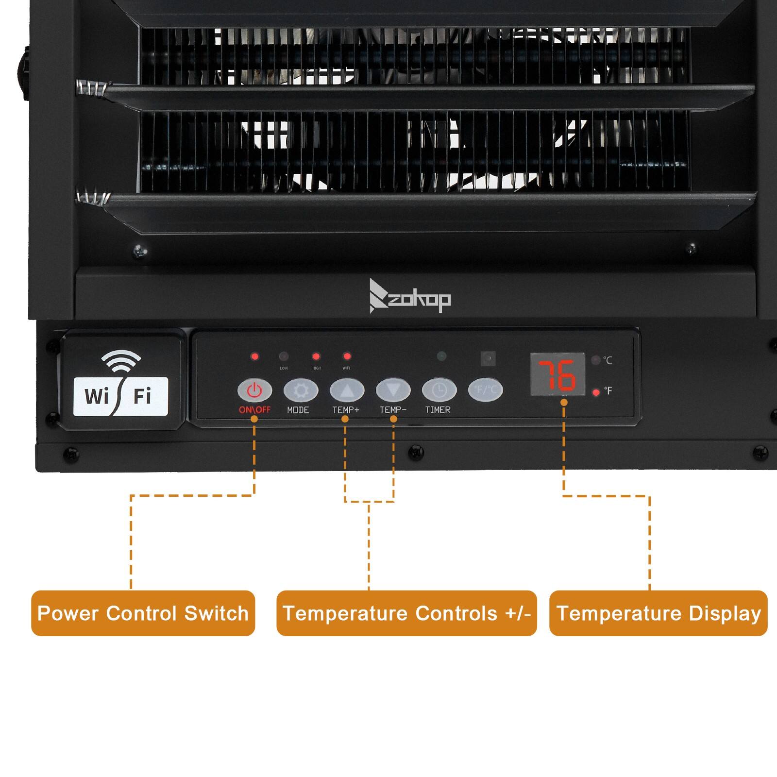 - Wi-Fi
- Power Control Switch
- Temperature Controls +/- (TEMP+ TEMP-)
- Temperature Display (76°C)
- Timer (TIMER)
- Mode (MODE)