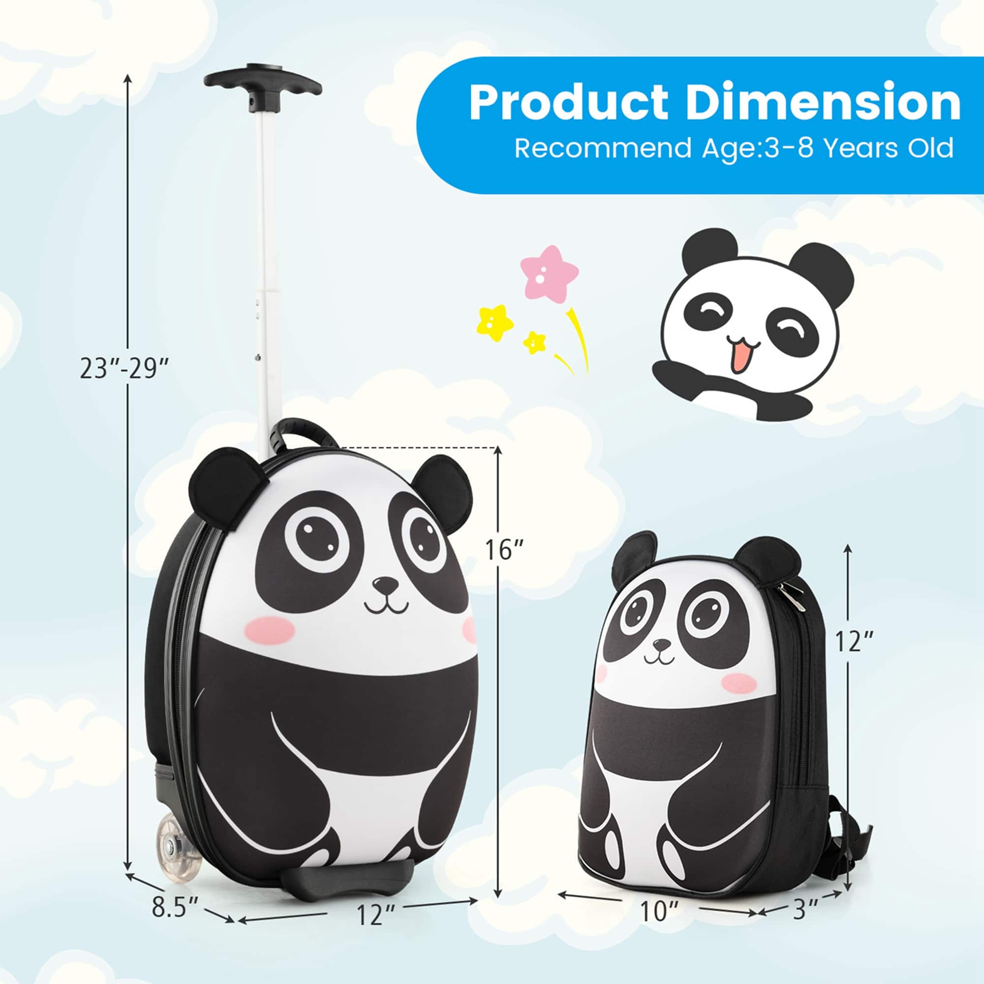 Costway 2PCS Kids Carry On Luggage Set 16'' Panda Rolling Suitcase with