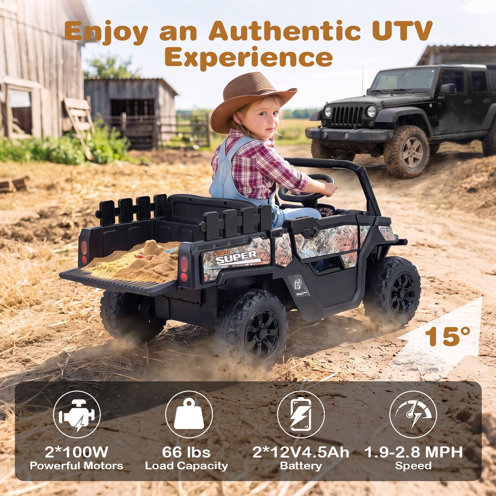 Enjoy an Authentic UTV Experience

CAR SUPER

15°

2*100W Powerful Motors

66 lbs Load Capacity

2*12V4.5Ah Battery

1.9-2.8 MPH Speed