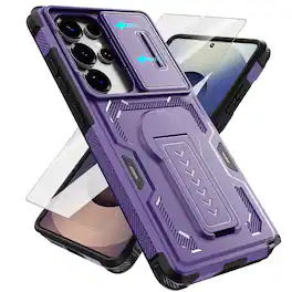Dteck - Rugged Stand Case for Samsung Galaxy S25 Ultra,Shockproof Heavy Duty Cover With Sliding Lens Cover+Tempered Glass Flim - Purple