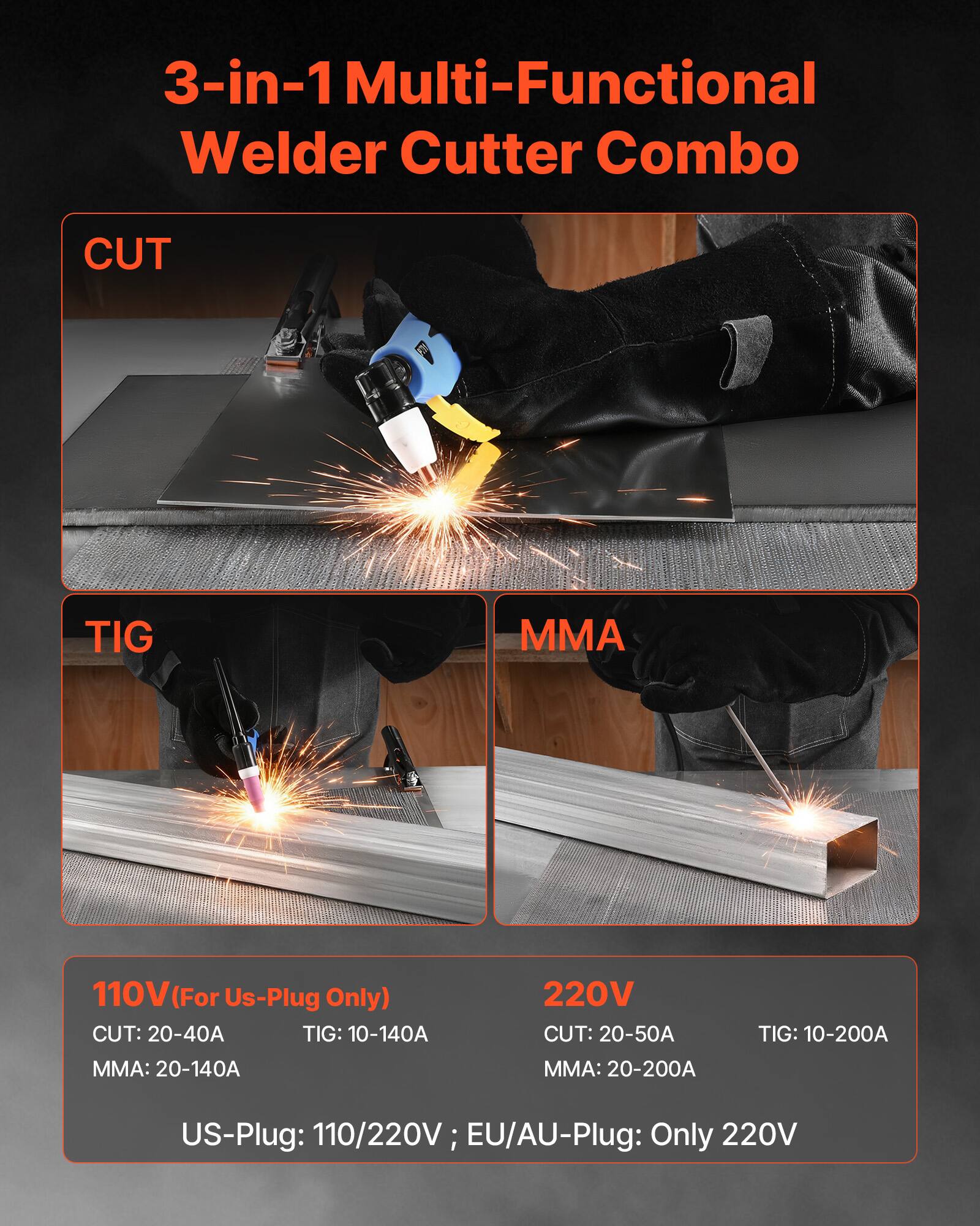 3-in-1 Multi-Functional Welder Cutter Combo

CUT
TIG
MMA

110V (For US-Plug Only)
CUT: 20-40A
TIG: 10-140A
MMA: 20-140A

220V
CUT: 20-50A
TIG: 10-200A
MMA: 20-200A

US-Plug: 110/220V; EU/AU-Plug: Only 220V