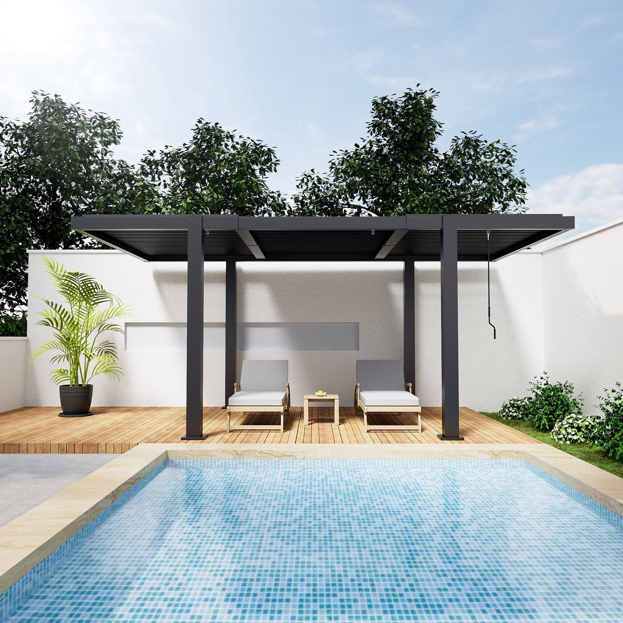 Alt View 7. U-HOMY - Aluminum Louvered Pergola 10x18 FT with Adjustable Roof & Hidden Drainage, Modern Outdoor Hardtop Gazebo - Black.