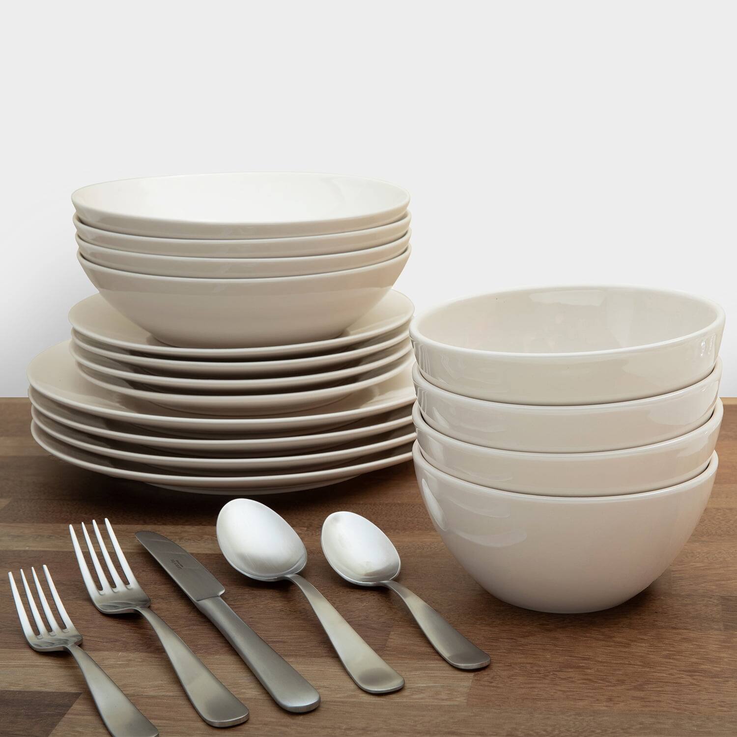 Left. Larder & Vine - 16-Piece Classic Dinnerware Set for 4, Ceramic Stoneware Made in Portugal - Natural White.