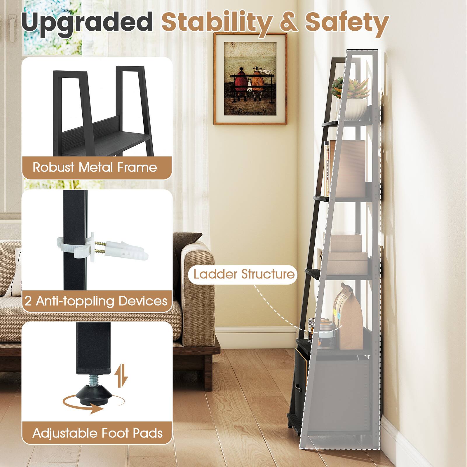 1. Upgraded Stability & Safety
   - Robust Metal Frame
   - 2 Anti-toppling Devices
   - Adjustable Foot Pads

2. Ladder Structure