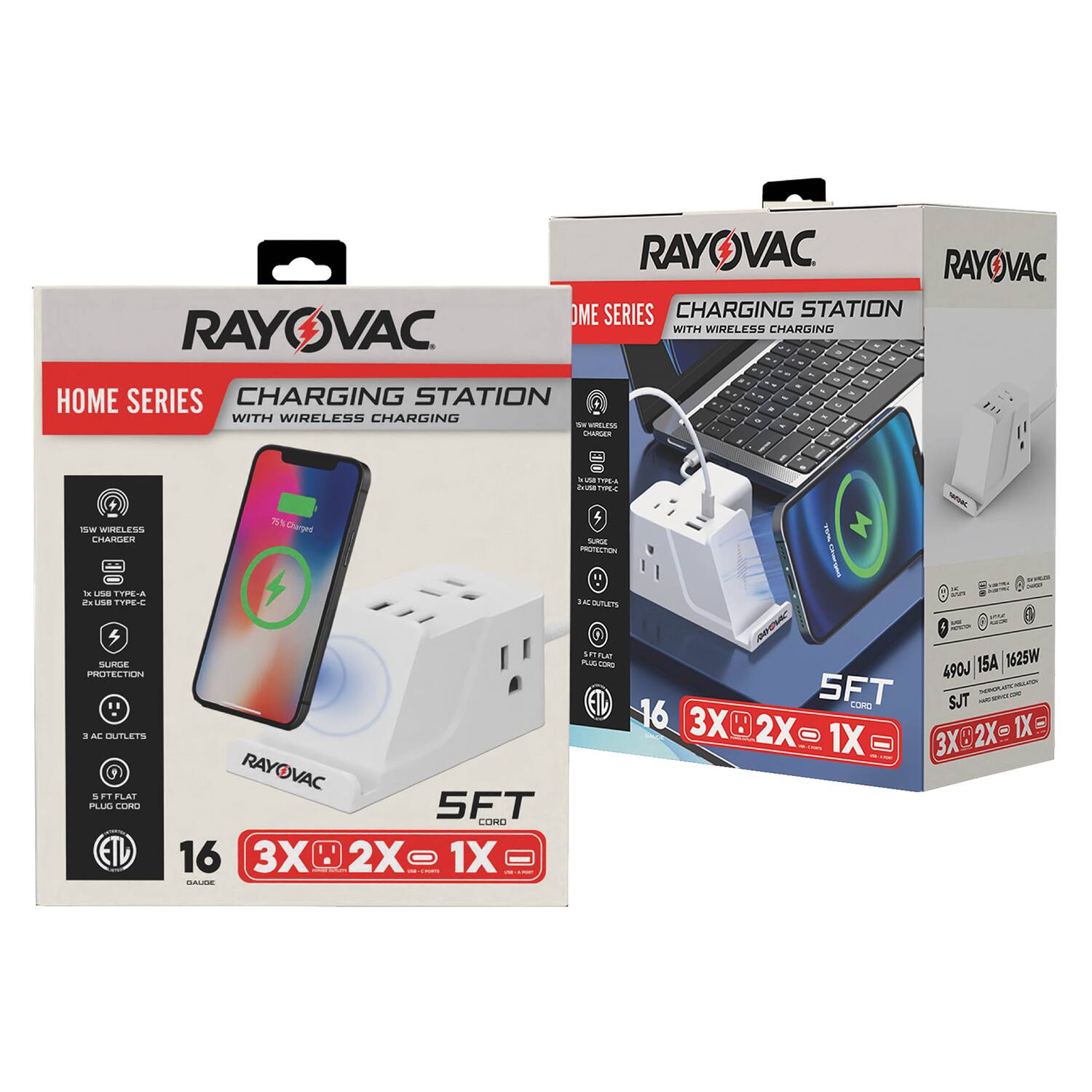 RAYOVAC HOME SERIES CHARGING STATION WITH WIRELESS CHARGING

- 15W WIRELESS CHARGER
- 2 USB TYPE-A
- 2 USB TYPE-C
- SURGE PROTECTION
- 3 AC OUTLETS
- 5 FT FLAT CORD
- 16 GAUGE
- 3X 2X 1X
- 490J 15A 1625W
- SJT