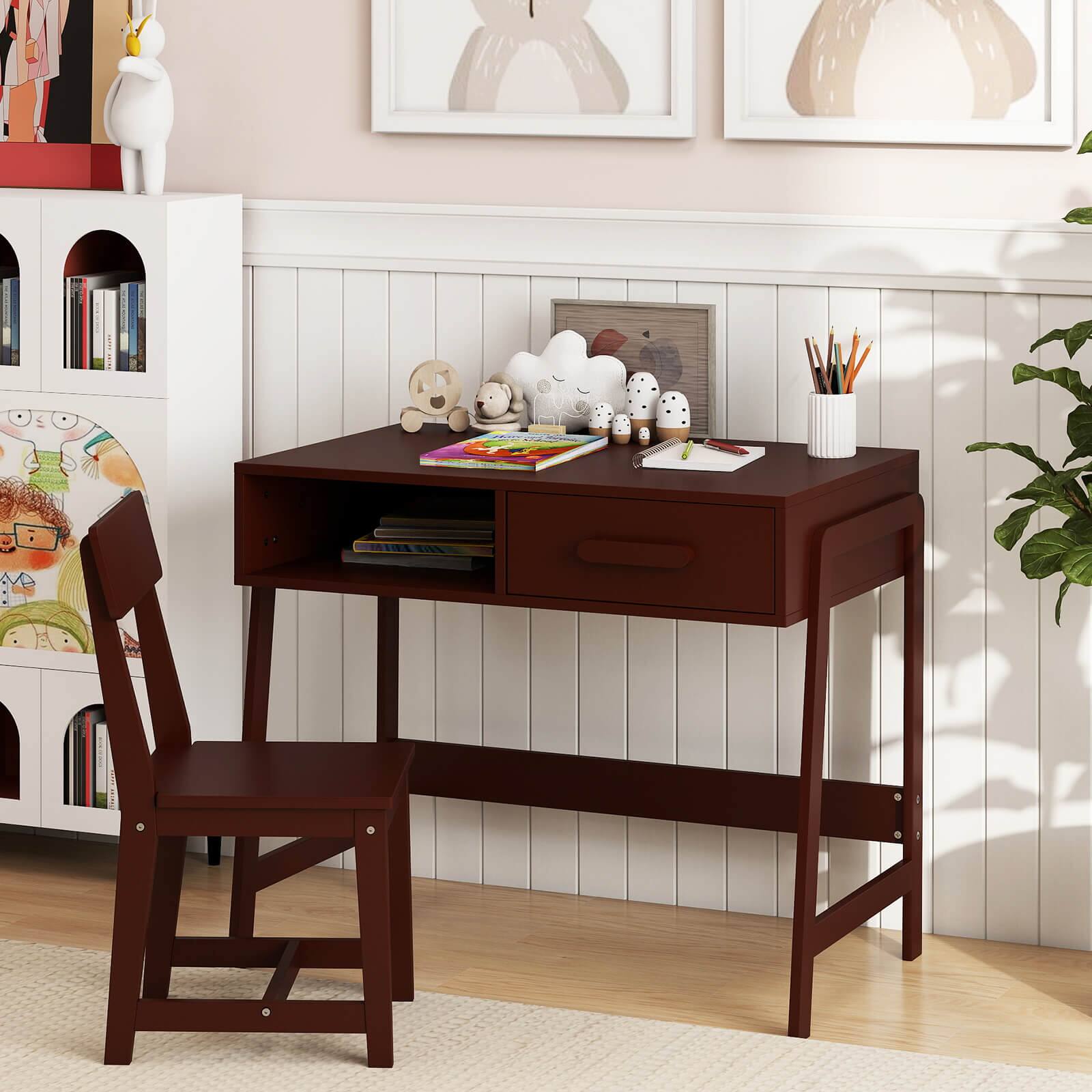 Alt View 4. Costway - Costway Kids Desk and Chair Set with Storage Drawer and Hutch, Student Writing Desk Set - Brown.