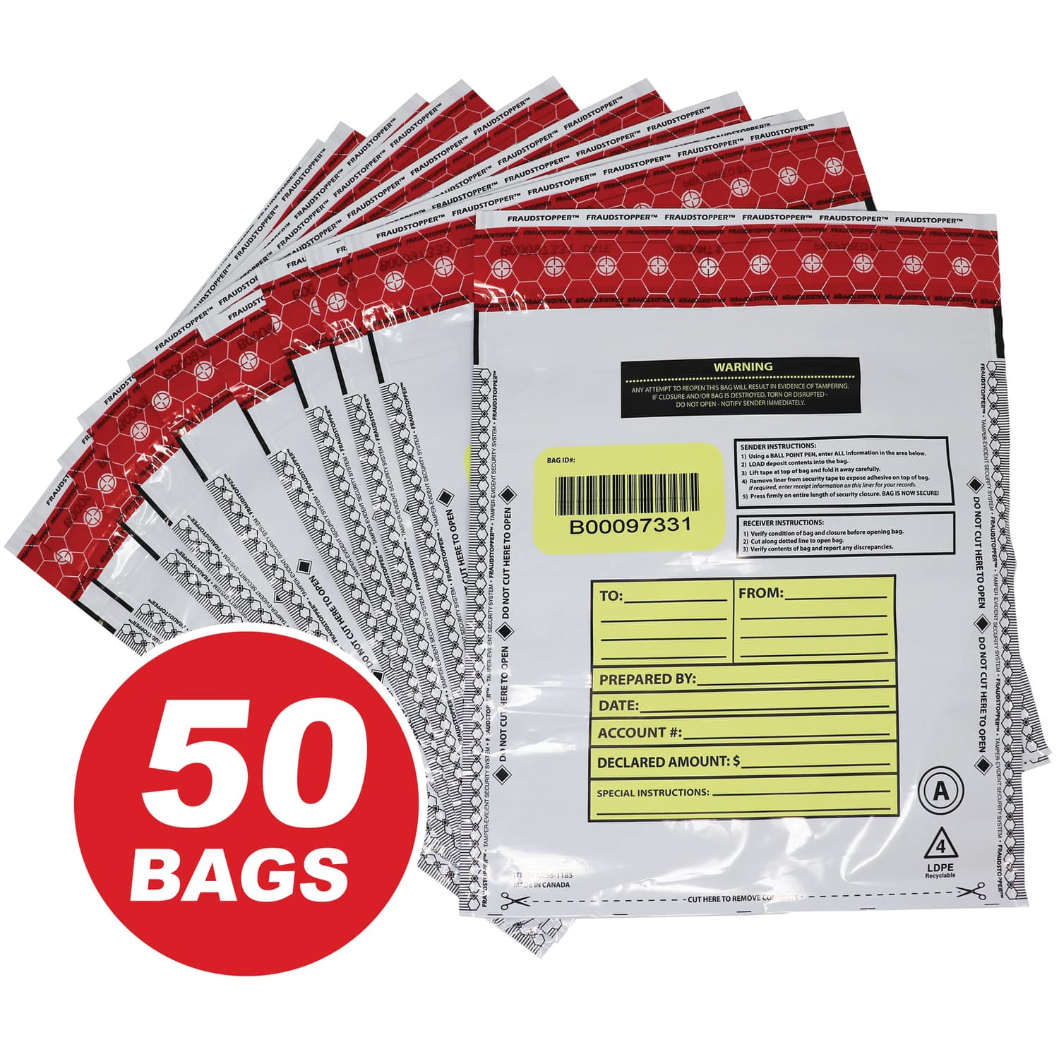 Tamper-Evident 9" x 12" Opaque Bank Deposit Bags, 50 Pack