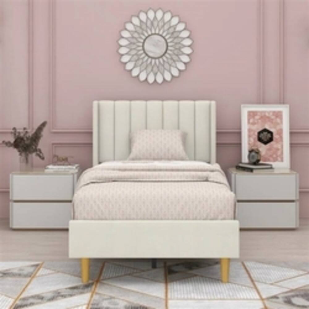 Angle. Hivvago - Twin size Mid-Century Platform Bed Frame with Cream Velvet Upholstered Headboard - Cream.