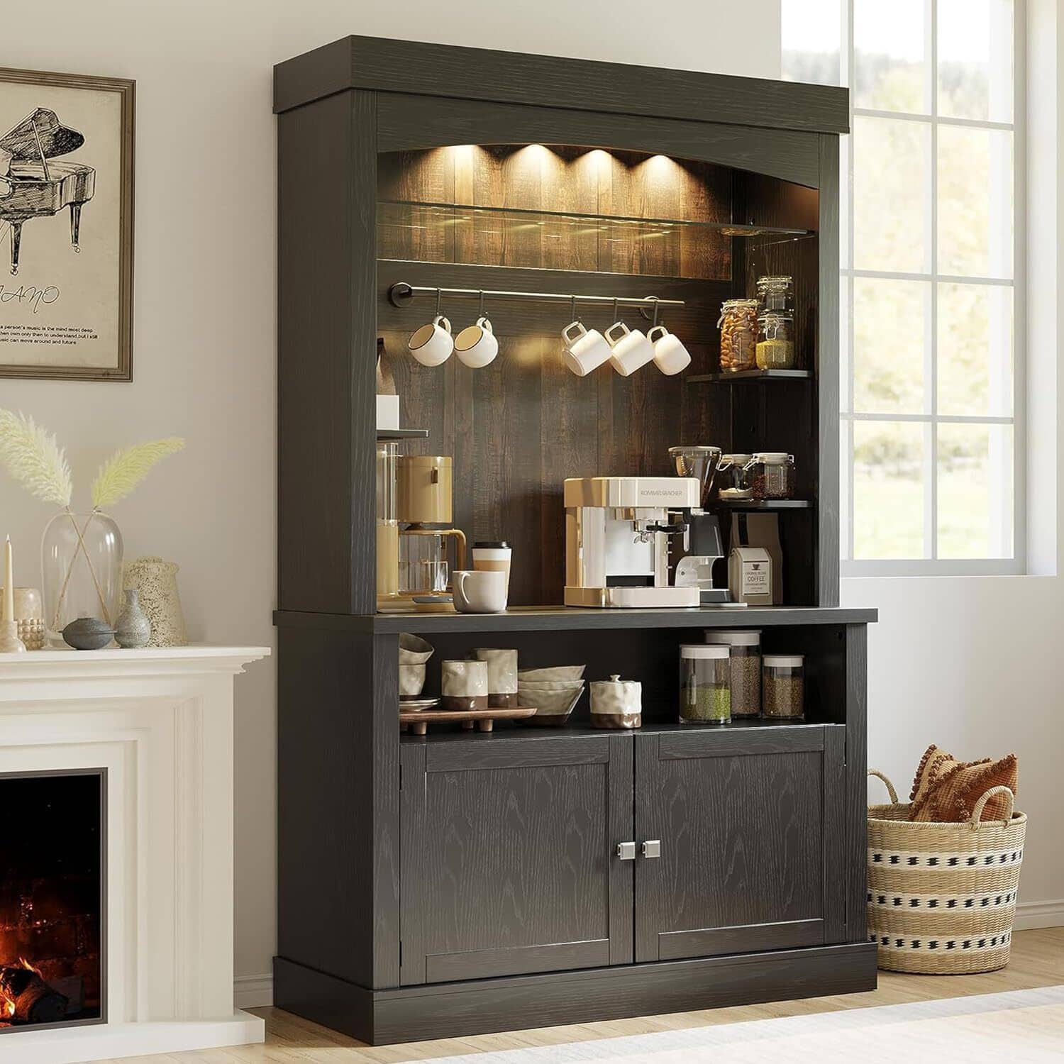 Jojoka - 72" Farmhouse Coffee Bar Cabinet with Lights, Kitchen Sideboard Buffet Hutch with Storage, Wine Rack/Glass Shelf - Black