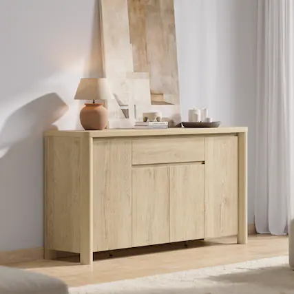 Front. ModernMate - Sideboard Buffet 63"W Curved Modern Kitchen Dining Storage with Drawer 4 Cabinets and Adjustable Shelves - Natural Oak.