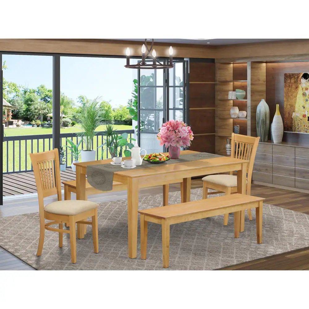 Left. East West Furniture - CAVA5C-OAK-C 5 Pc Dining room set - small Table and 2 Dining Chairs plus 2 Wooden benches - Oak.