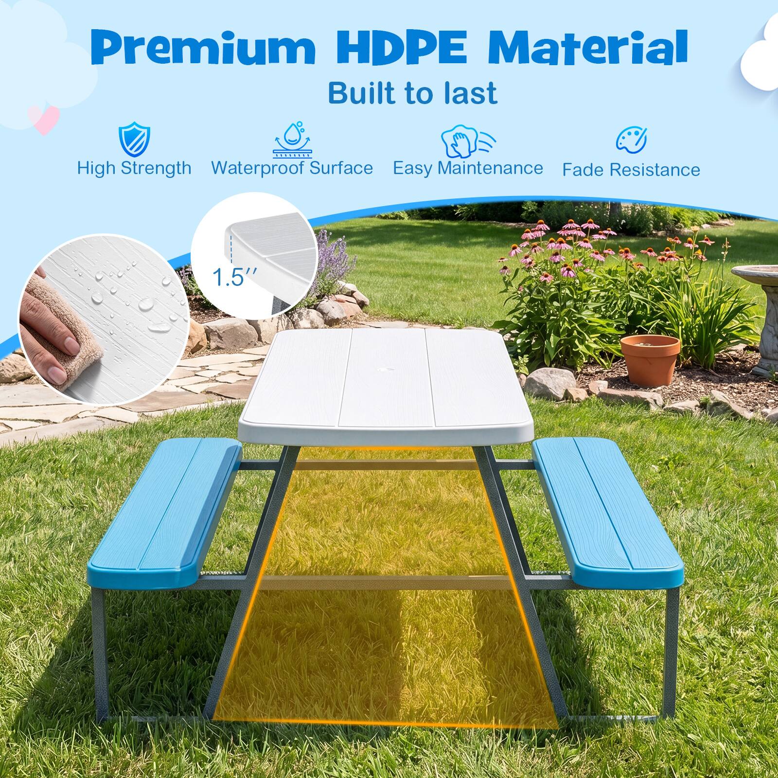 Premium HDPE Material  
Built to last  
High Strength  
Waterproof Surface  
Easy Maintenance  
Fade Resistance  
1.5"