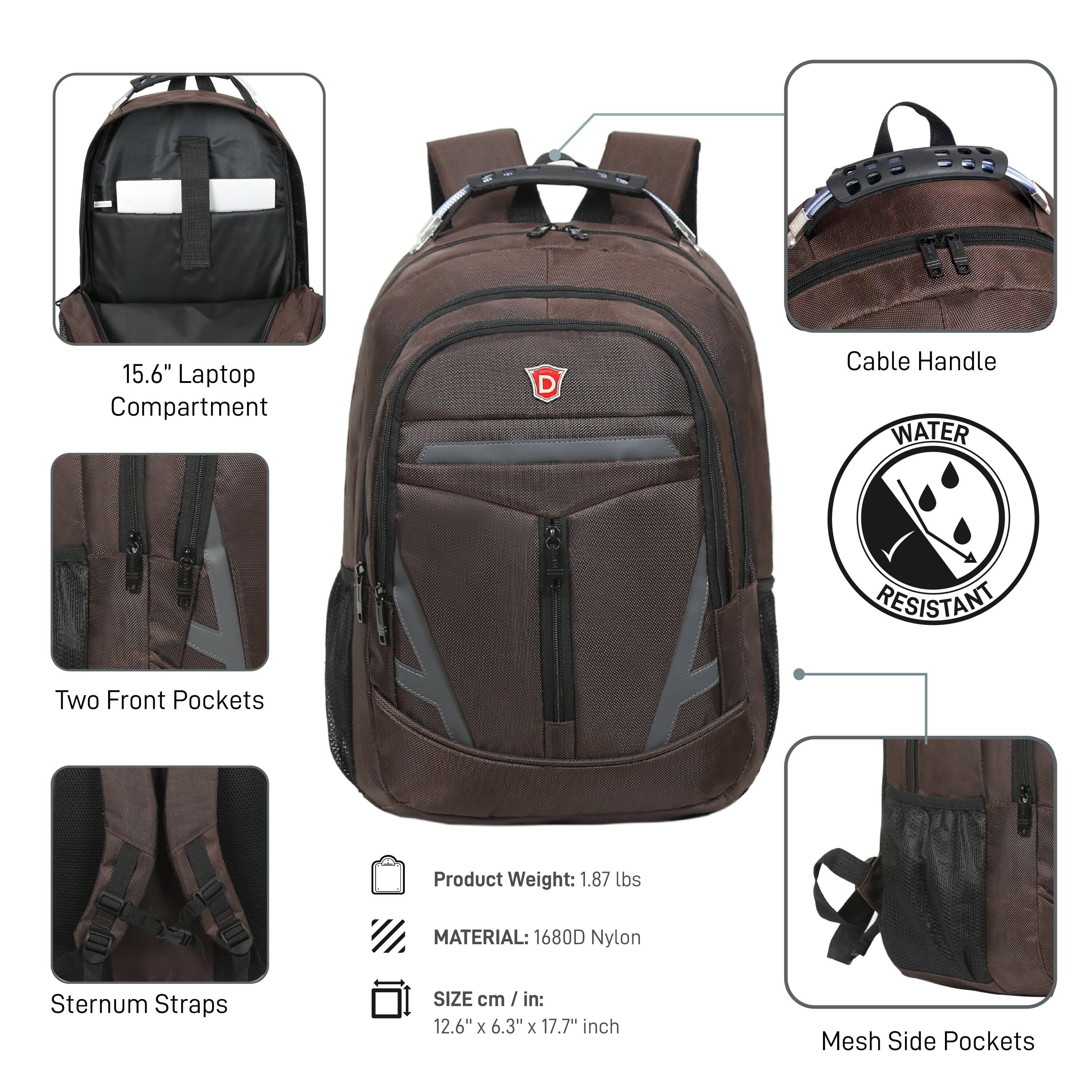 15.6" Laptop Compartment  
Two Front Pockets  
Sternum Straps  
Cable Handle  
WATER RESISTANT  
Product Weight: 1.87 lbs  
MATERIAL: 1680D Nylon  
SIZE cm / in: 12.6" x 6.3" x 17.7" inch  
Mesh Side Pockets