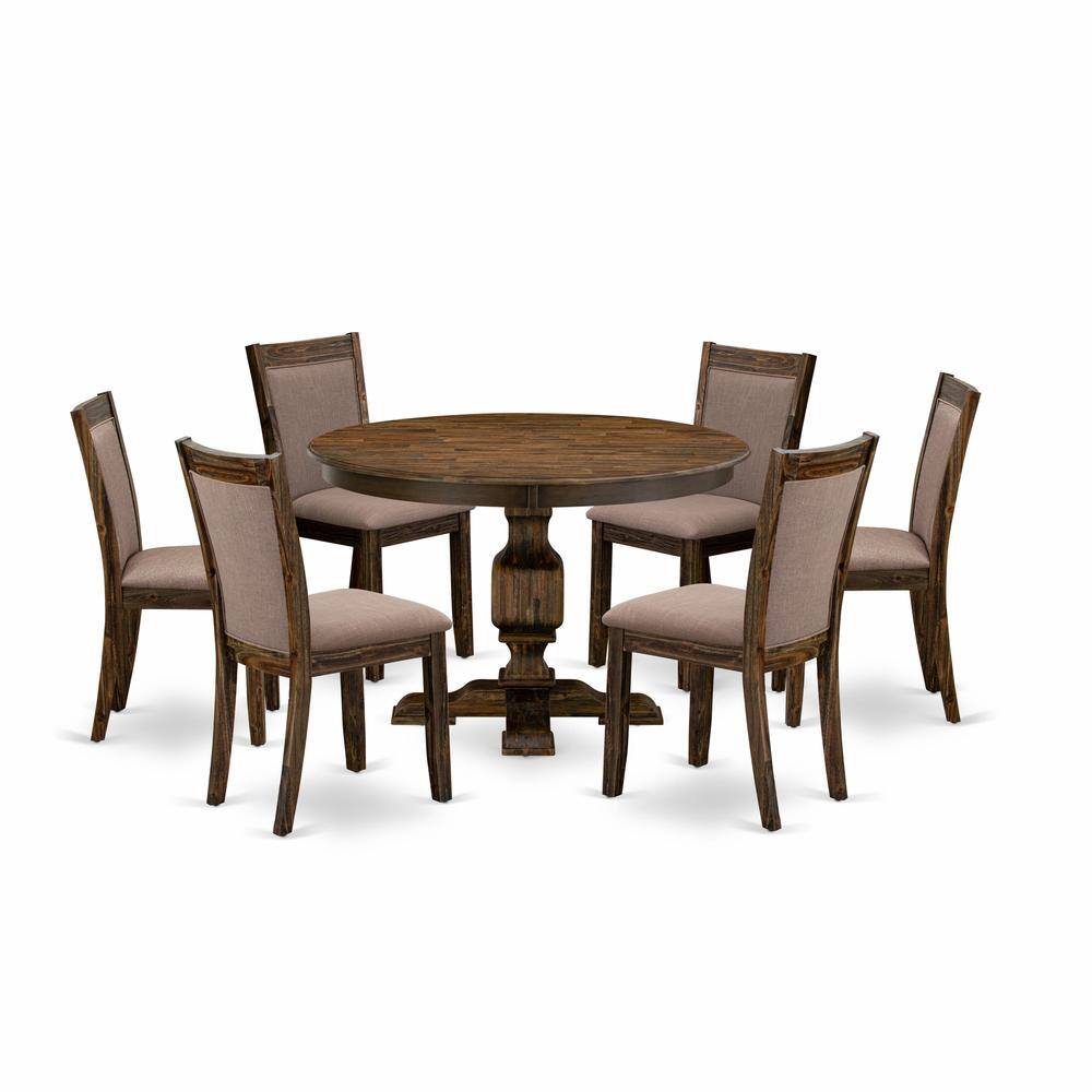 East West Furniture - 7-Pc Dining Set - Kitchen Pedestal Table and 6 Coffee Color Parson Chairs with High Back - Multi-Color