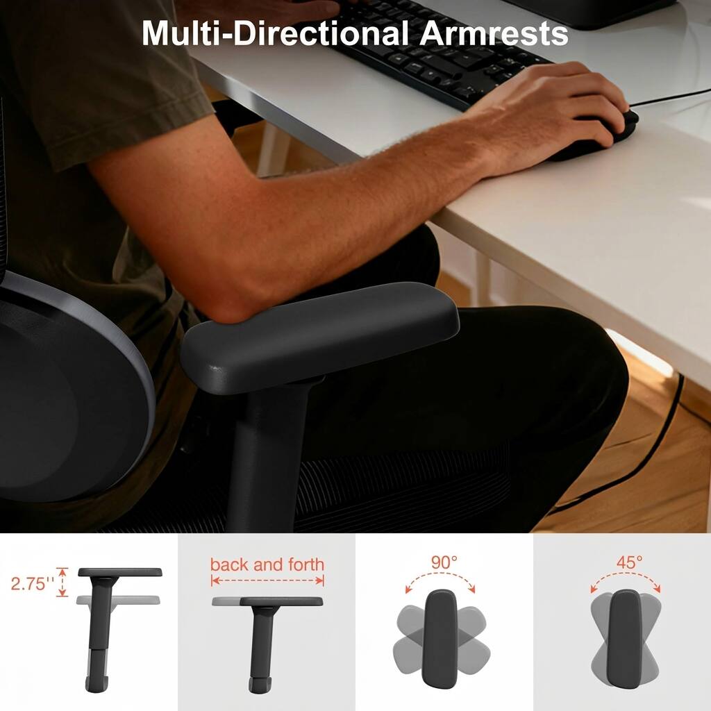 Multi-Directional Armrests

back and forth

2.75"

90°

45°