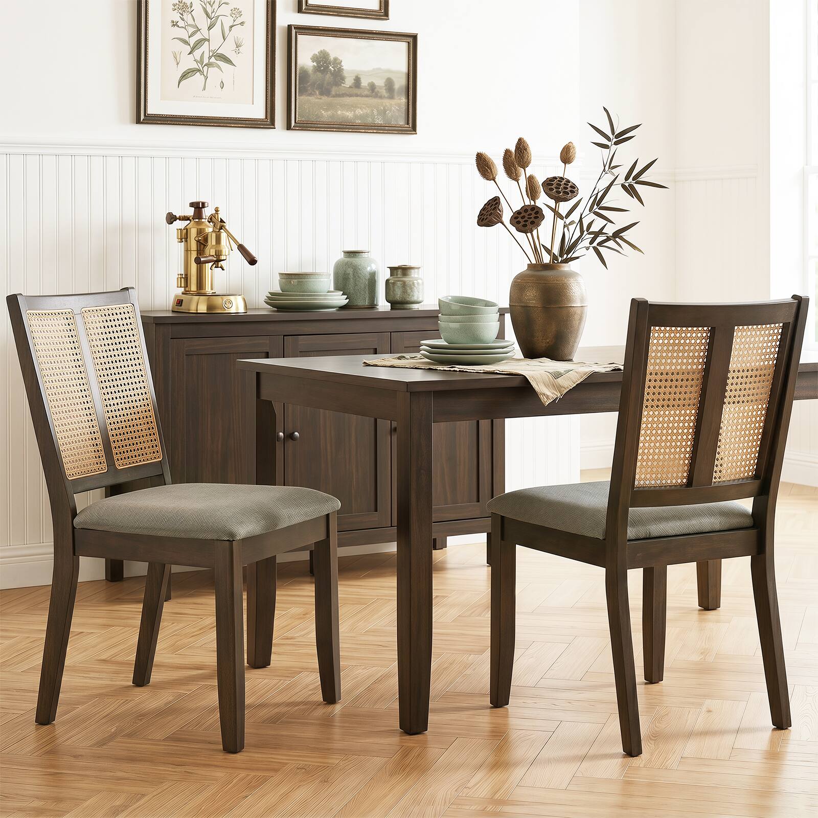 Alt View 4. Gymax - Gymax Rattan Dining Chairs Set of 4 Upholstered Kitchen Chairs w/ Curved Backrest Brown & Grey - Brown.