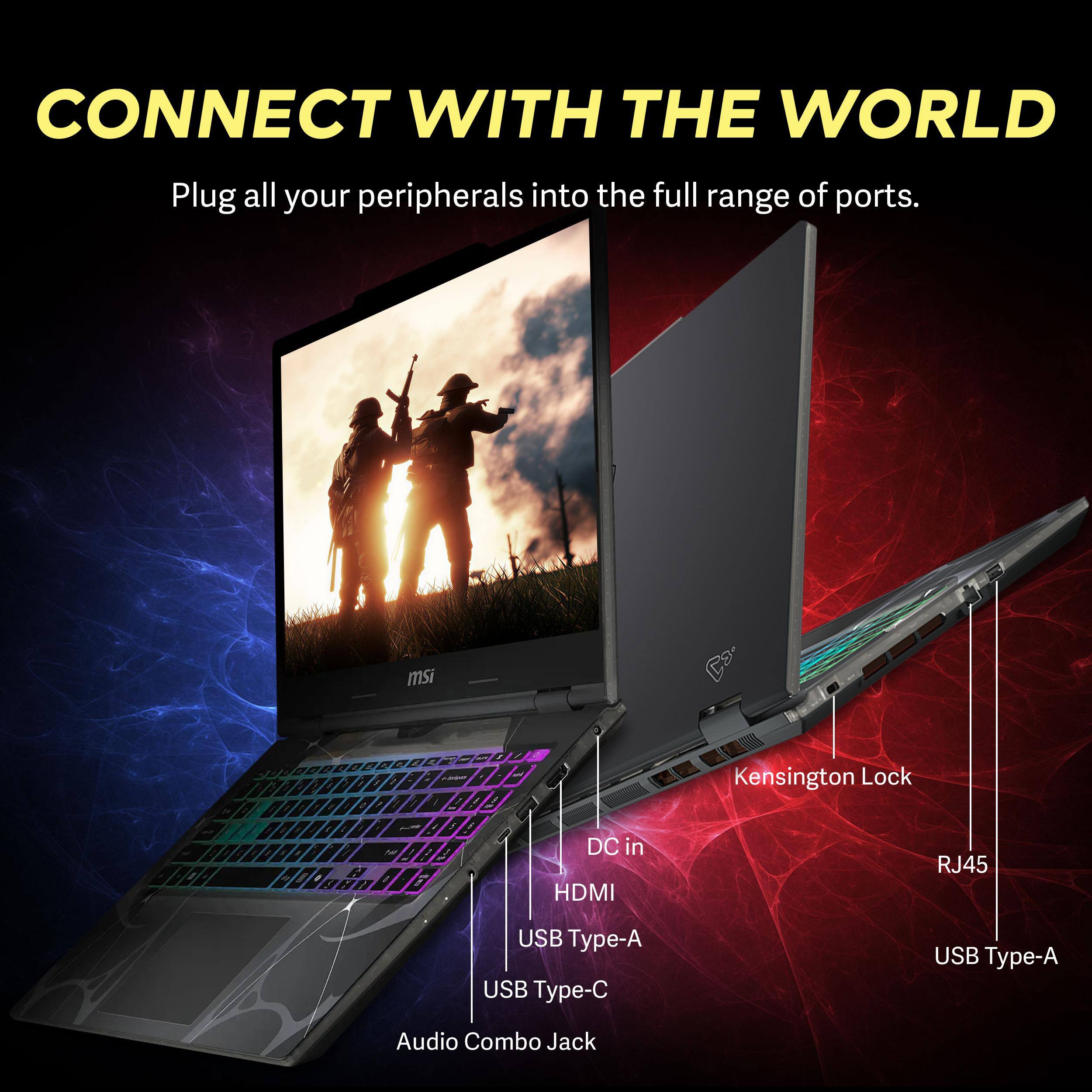 CONNECT WITH THE WORLD  
Plug all your peripherals into the full range of ports.  
msi CS i A B9e  
Kensington Lock  
DC in  
HDMI  
RJ45  
USB Type-A  
USB Type-C  
Audio Combo Jack