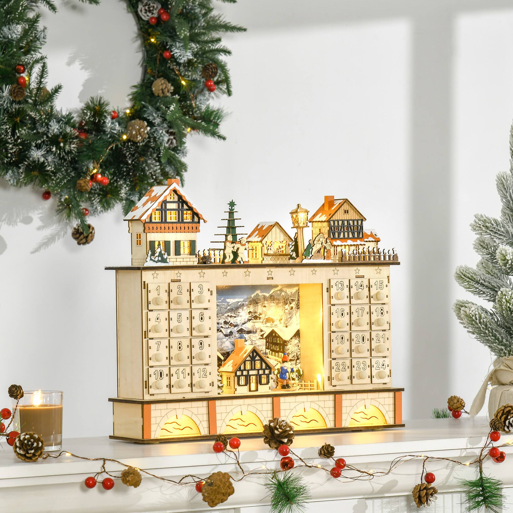 Alt View 1. Homcom - Christmas Advent Calendar, Light Up Table Wooden Store Holiday Decor w/ Countdown Drawer, Village - Natural Wood.