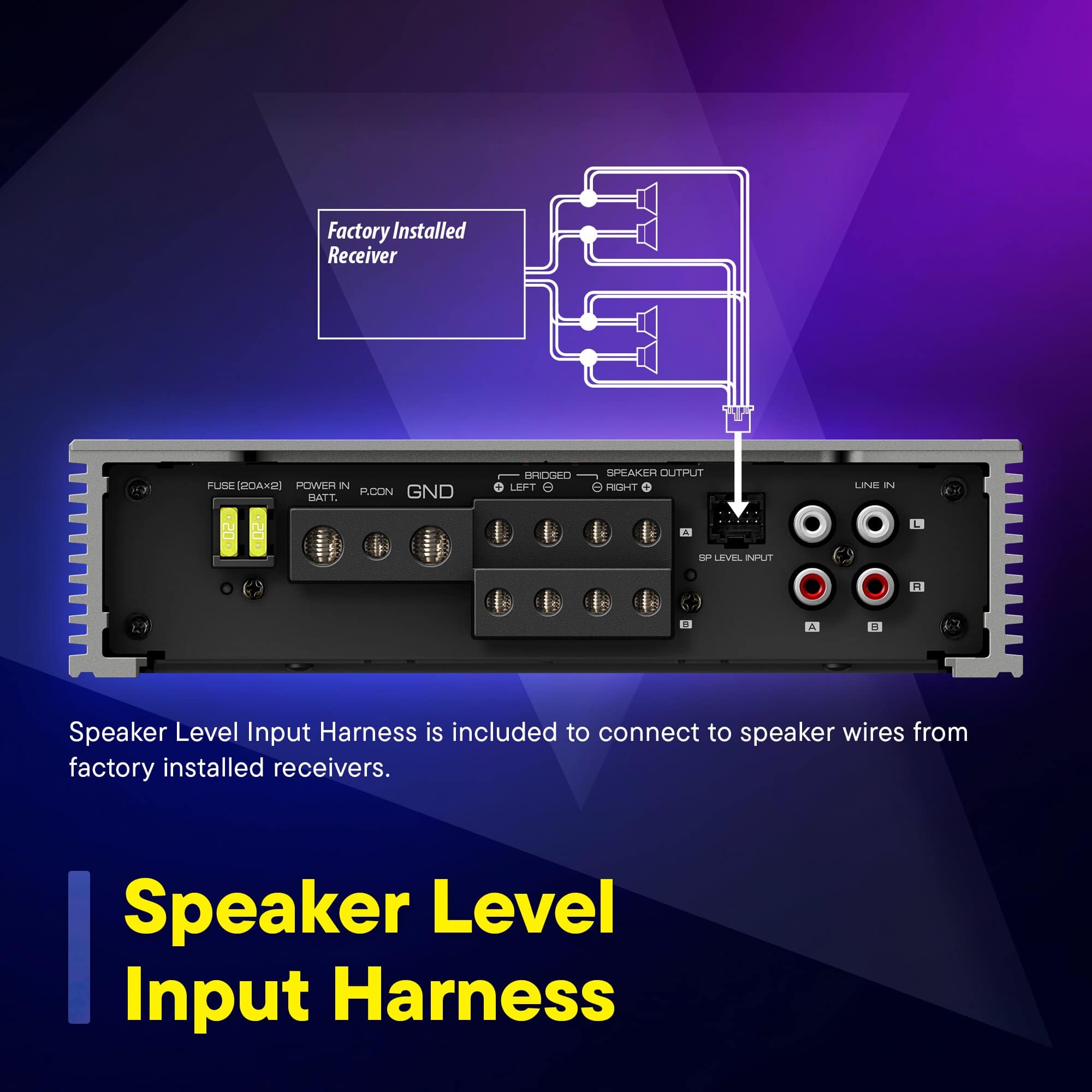 Factory Installed Receiver: FLE ROAXDI POWER IN HATT. PUCON GND HROGEO LEFT SPEAKER OUTPUT e FIGHT LIPWE 2 a L 1 LEVEL INPUT a . Speaker Level Input Harness is included to connect to speaker wires from factory installed receivers.