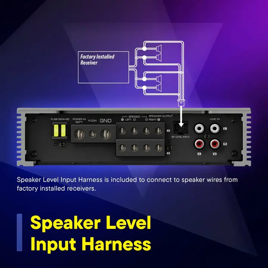 Factory Installed Receiver: FLE ROAXDI POWER IN HATT. PUCON GND HROGEO LEFT SPEAKER OUTPUT e FIGHT LIPWE 2  a L 1 LEVEL INPUT a . Speaker Level Input Harness is included to connect to speaker wires from factory installed receivers.