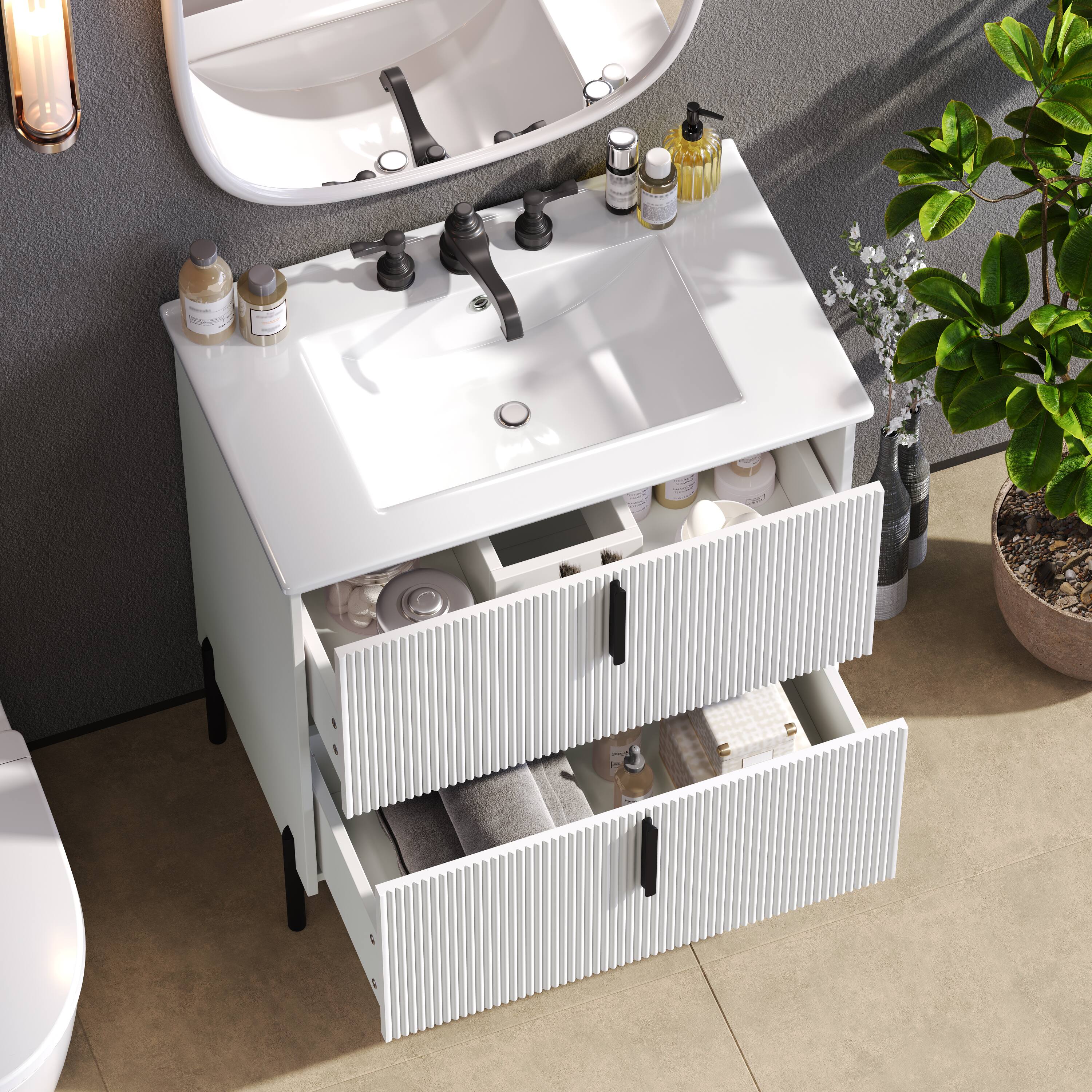 Back. Loheer - 2.5 ft Bathroom Vanity with Ceramic Sink and Fluted Cabinet - White.