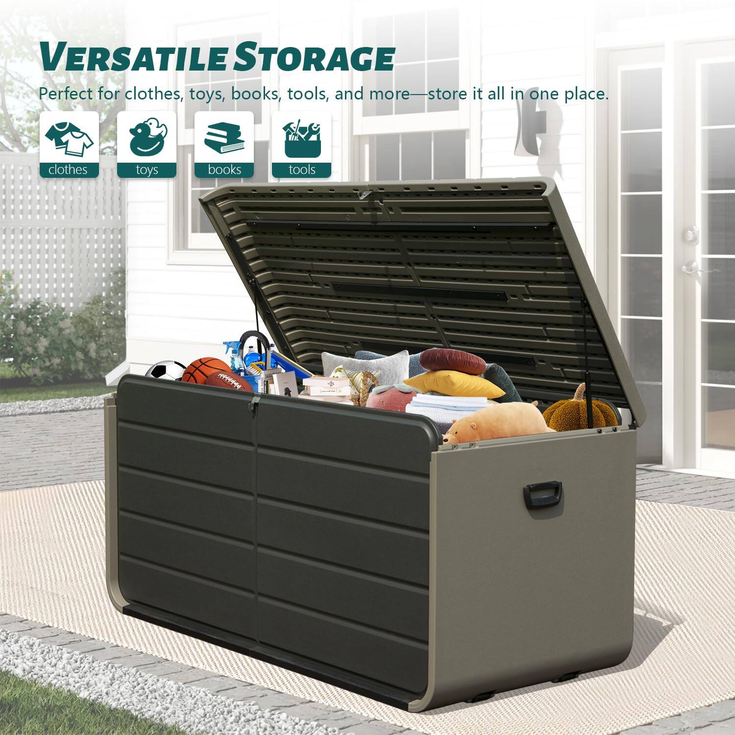 VERSATILE STORAGE  
Perfect for clothes, toys, books, tools, and more—store it all in one place.  
clothes toys books tools