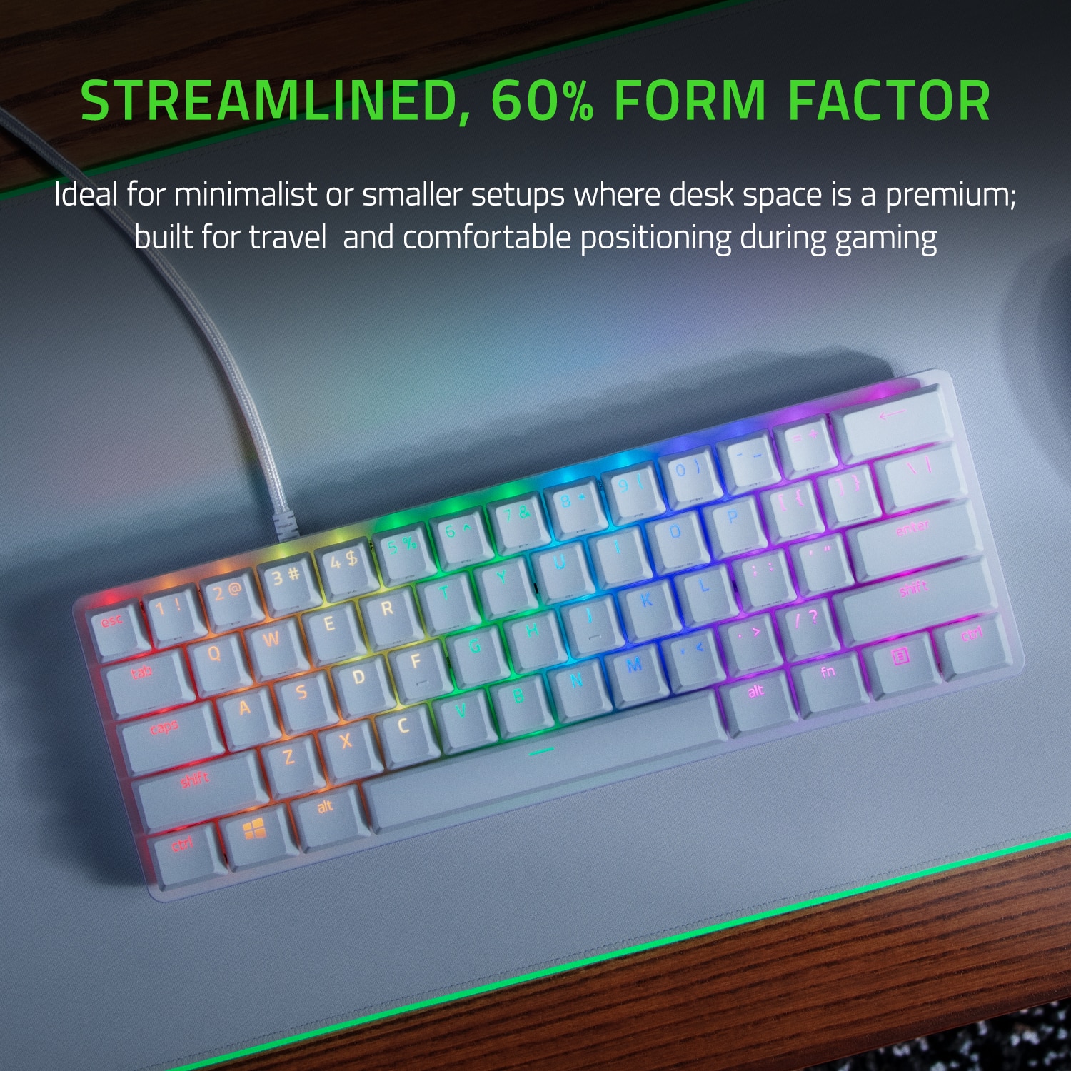 Streamlined, 60% form factor: Ideal for minimalist or smaller setups where desk space is a premium; built for travel and comfortable positioning during gaming.