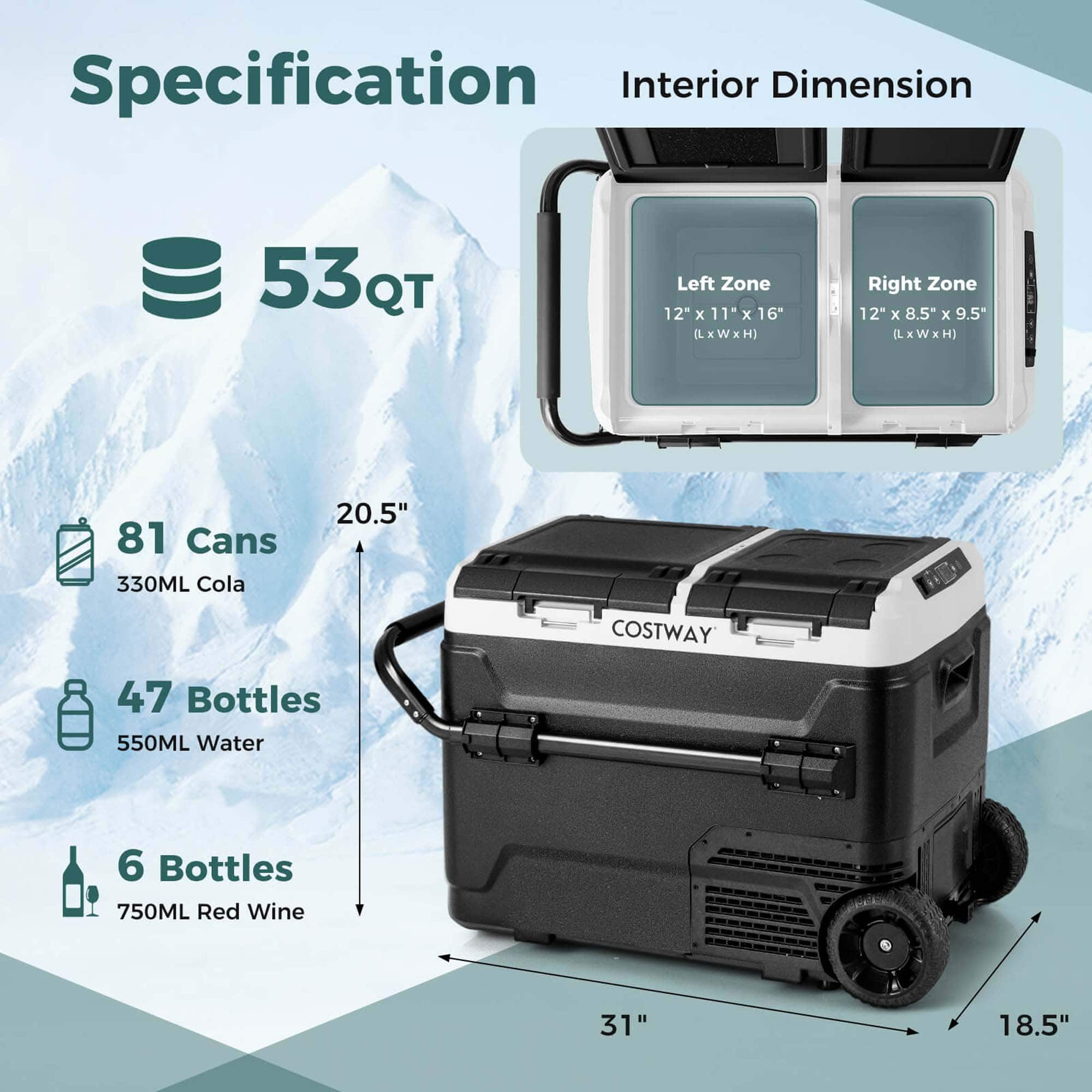 Costway Dual Zone 12V Car Refrigerator 53QT Portable Compressor Fridge ...