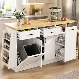 RYHNUYNE - Freestanding Multi-Functional Sideboard with Trash Can Storage, Sliding Door Cabinet and Spice Rack - White