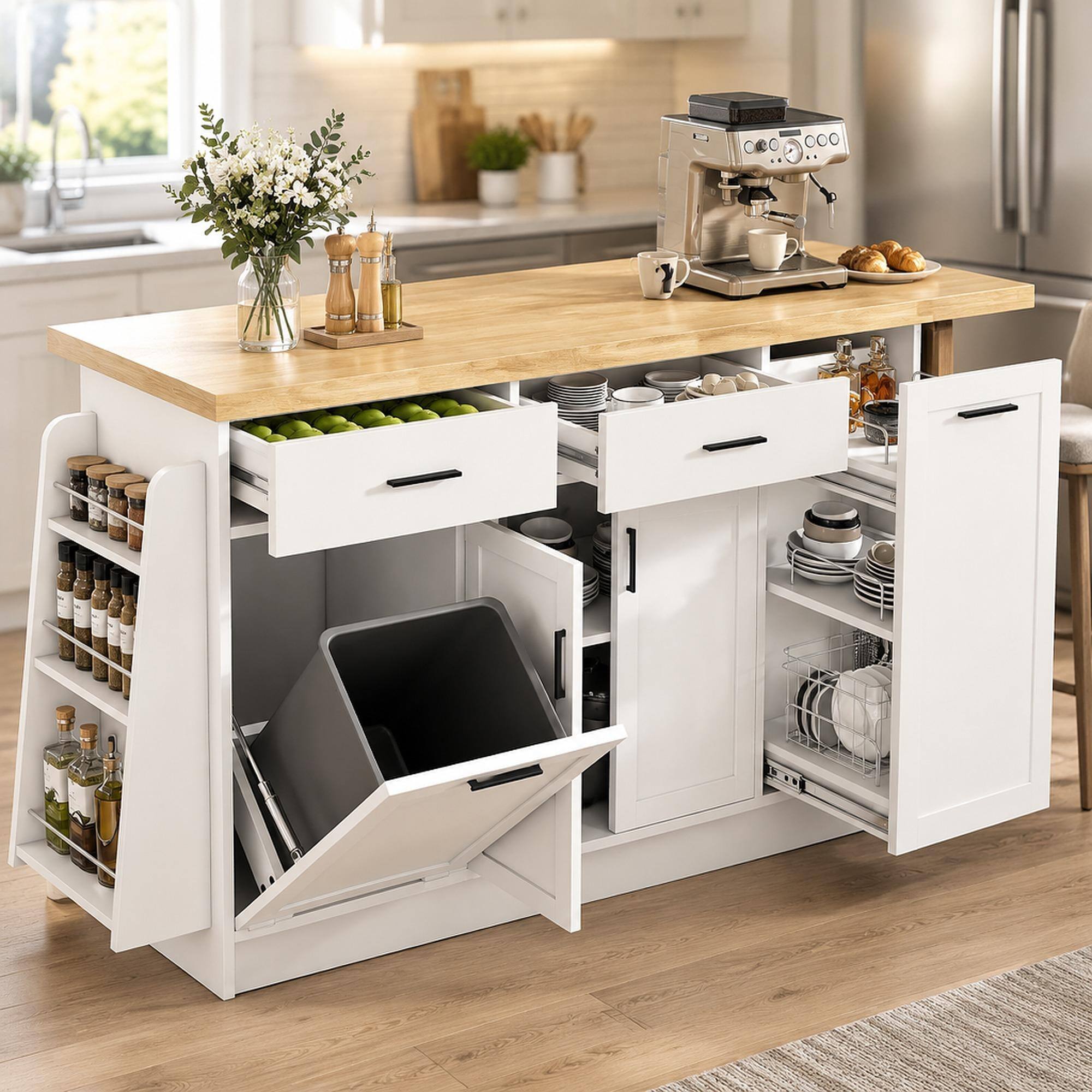 Front. RYHNUYNE - Freestanding Multi-Functional Sideboard with Trash Can Storage, Sliding Door Cabinet and Spice Rack, White - White.