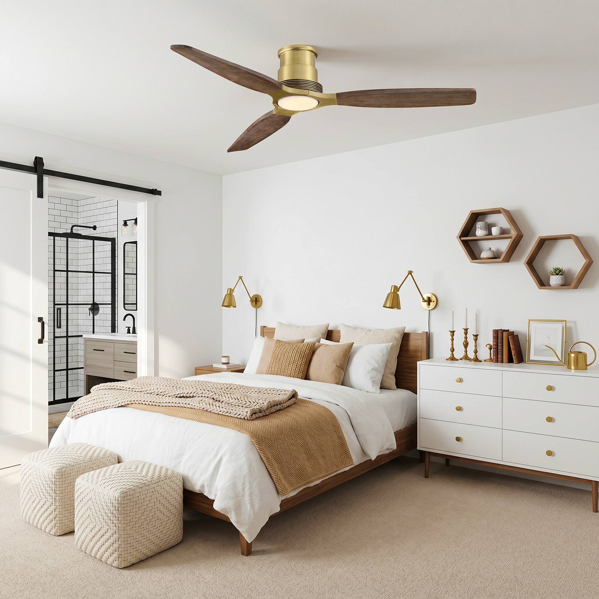 Back. Parrot Uncle - 56" Mid Centry Solid Wood Flush Mount Lightweight Ceiling Fan with Diammable LED Light and Remote - Vintage Brass.