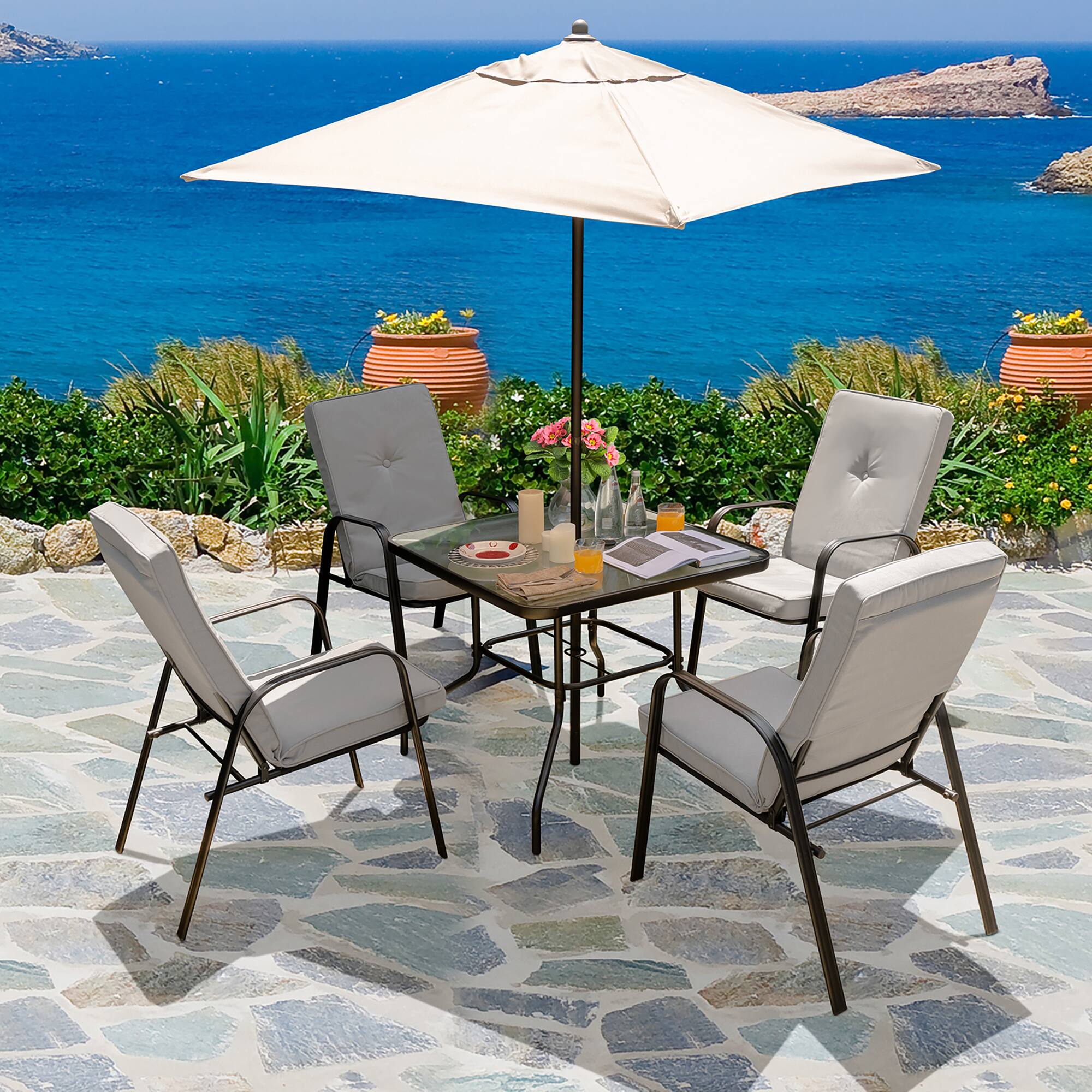 Alt View 2. Costway - Costway 5pcs Patio Dining Set 4 Stackable Chairs Cushioned Square Glass Table - Grey/Black.